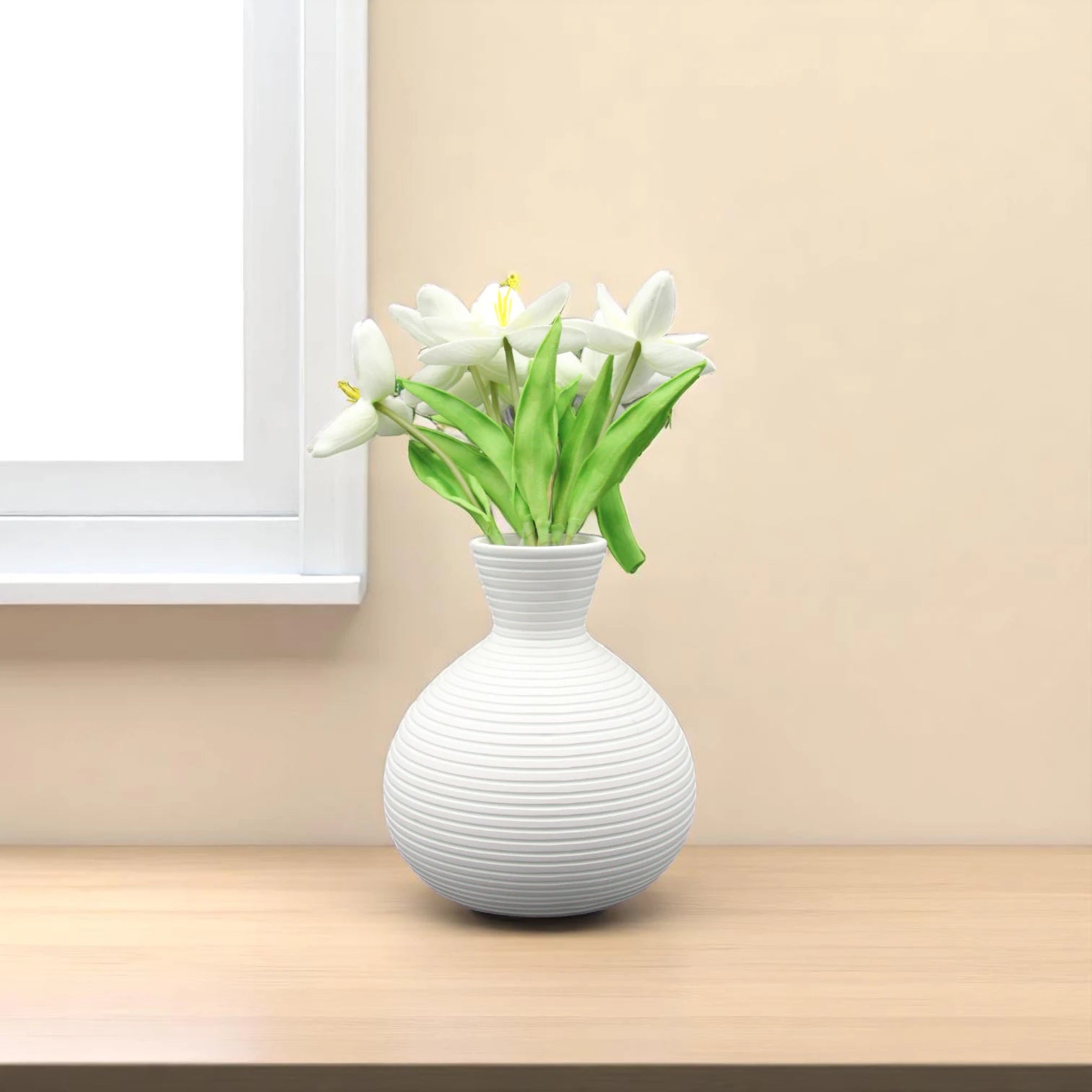 Damoo Modern White Ceramic Decorative Vase – Minimalist Ribbed Design Flower Holder – Elegant Matte Finish Pottery for Home, Office & Event Décor – Handmade Table Centerpiece - Damoo