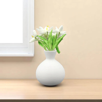 Damoo Modern White Ceramic Decorative Vase – Minimalist Ribbed Design Flower Holder – Elegant Matte Finish Pottery for Home, Office & Event Décor – Handmade Table Centerpiece - Damoo