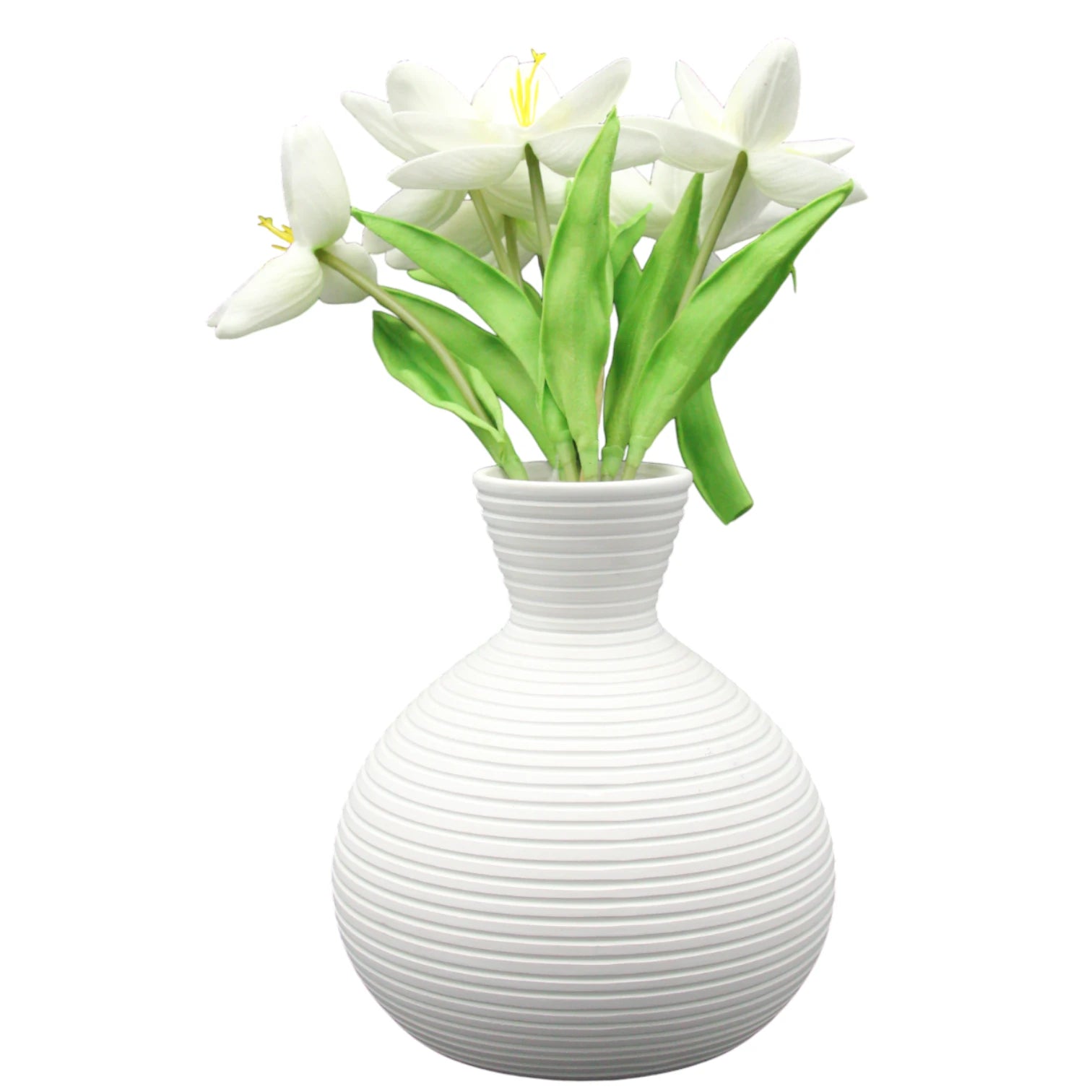 Damoo Modern White Ceramic Decorative Vase – Minimalist Ribbed Design Flower Holder – Elegant Matte Finish Pottery for Home, Office & Event Décor – Handmade Table Centerpiece - Damoo