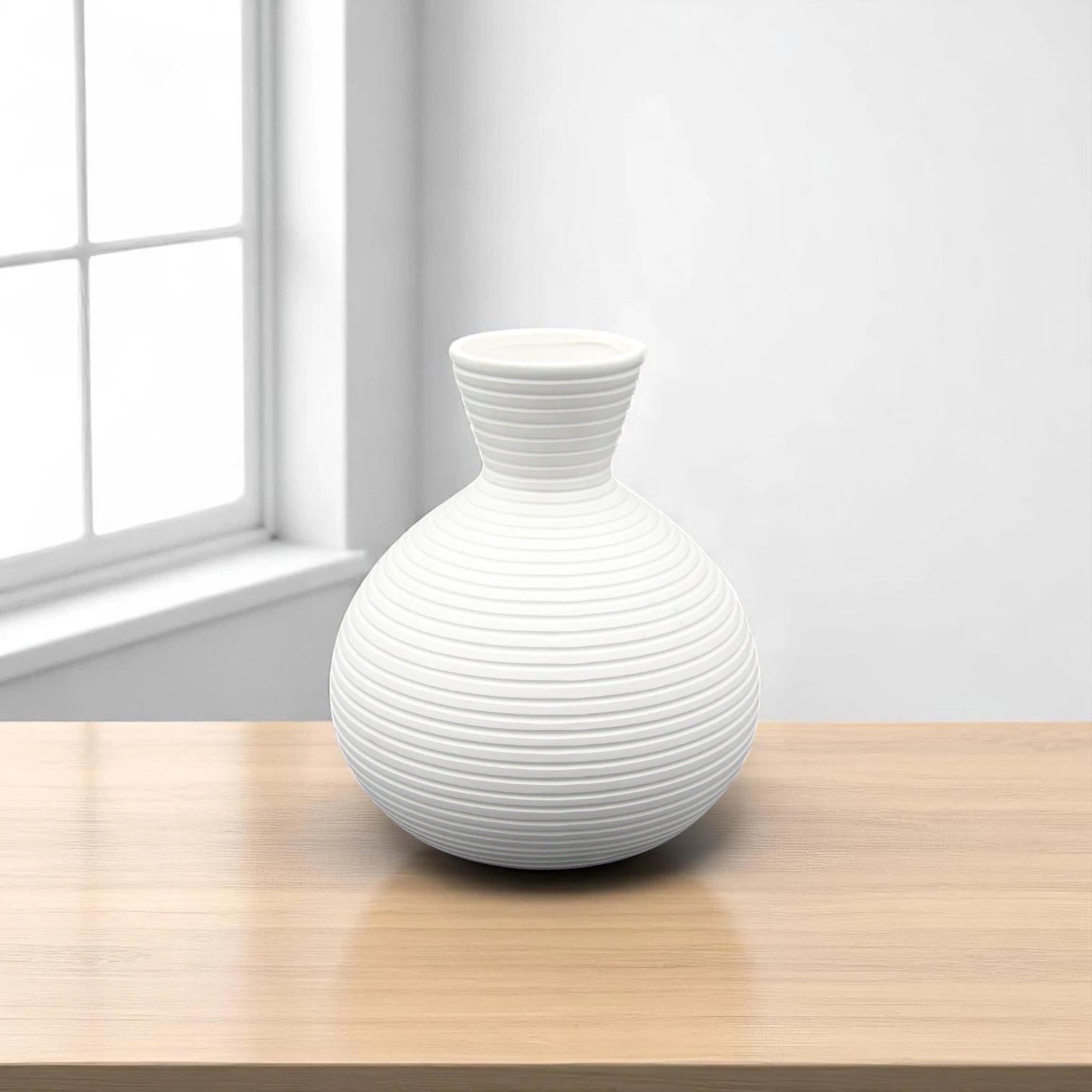 Damoo Modern White Ceramic Decorative Vase – Minimalist Ribbed Design Flower Holder – Elegant Matte Finish Pottery for Home, Office & Event Décor – Handmade Table Centerpiece - Damoo