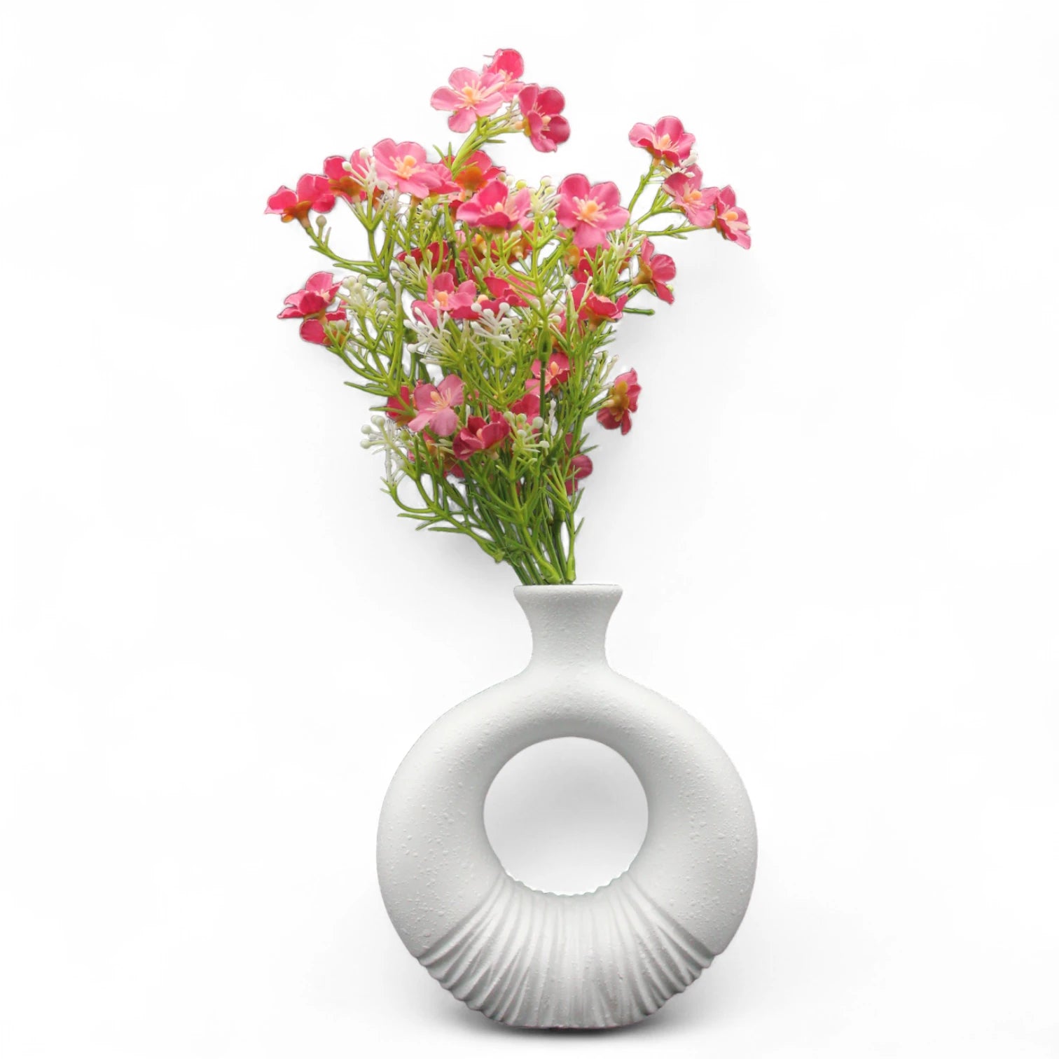 Damoo Modern White Ceramic Donut Vase with Textured Base – Decorative Circle Vase for Contemporary Home Decor & Faux Floral Arrangements - Damoo
