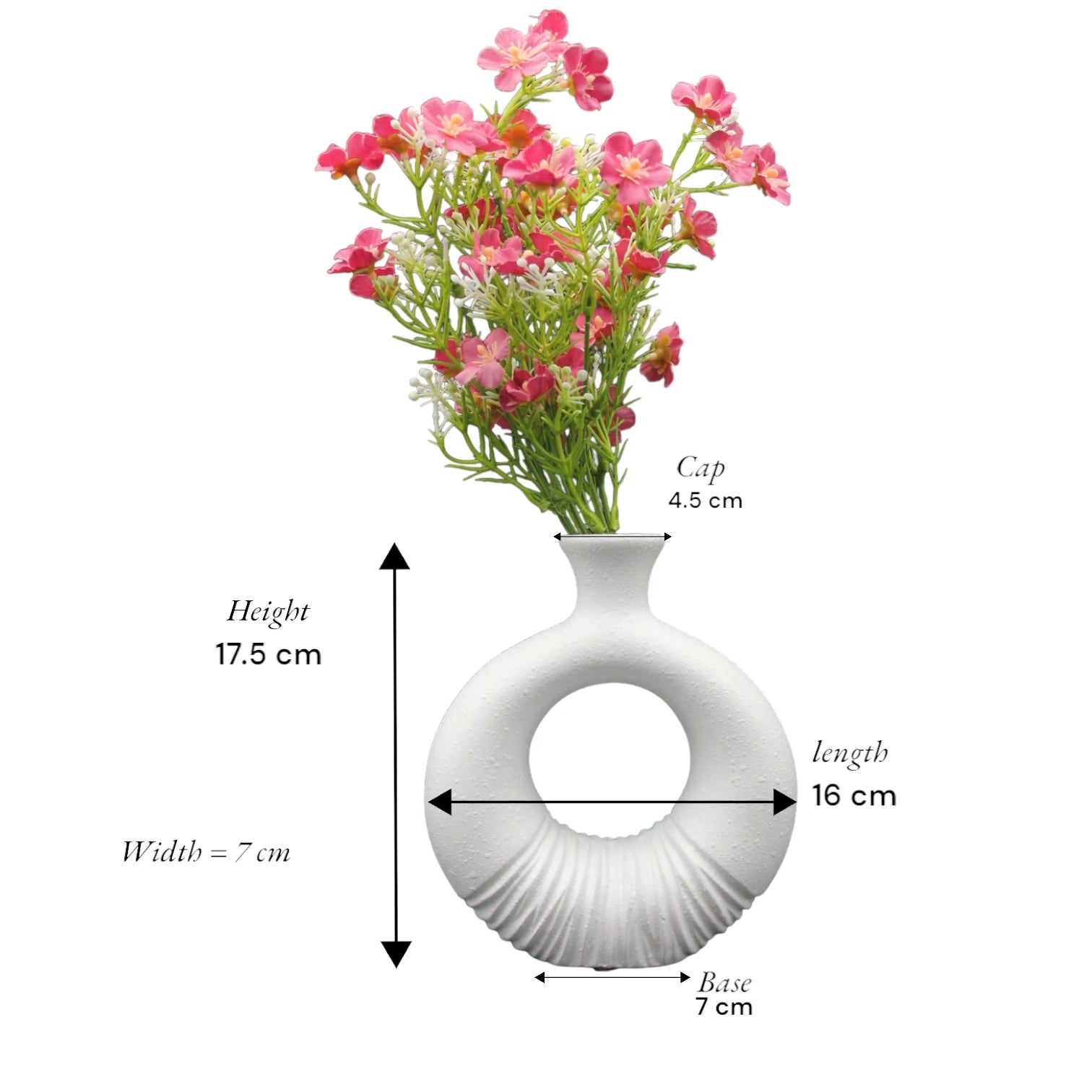 Damoo Modern White Ceramic Donut Vase with Textured Base – Decorative Circle Vase for Contemporary Home Decor & Faux Floral Arrangements - Damoo