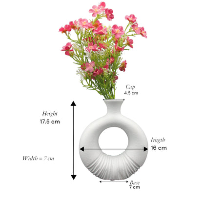 Damoo Modern White Ceramic Donut Vase with Textured Base – Decorative Circle Vase for Contemporary Home Decor & Faux Floral Arrangements - Damoo