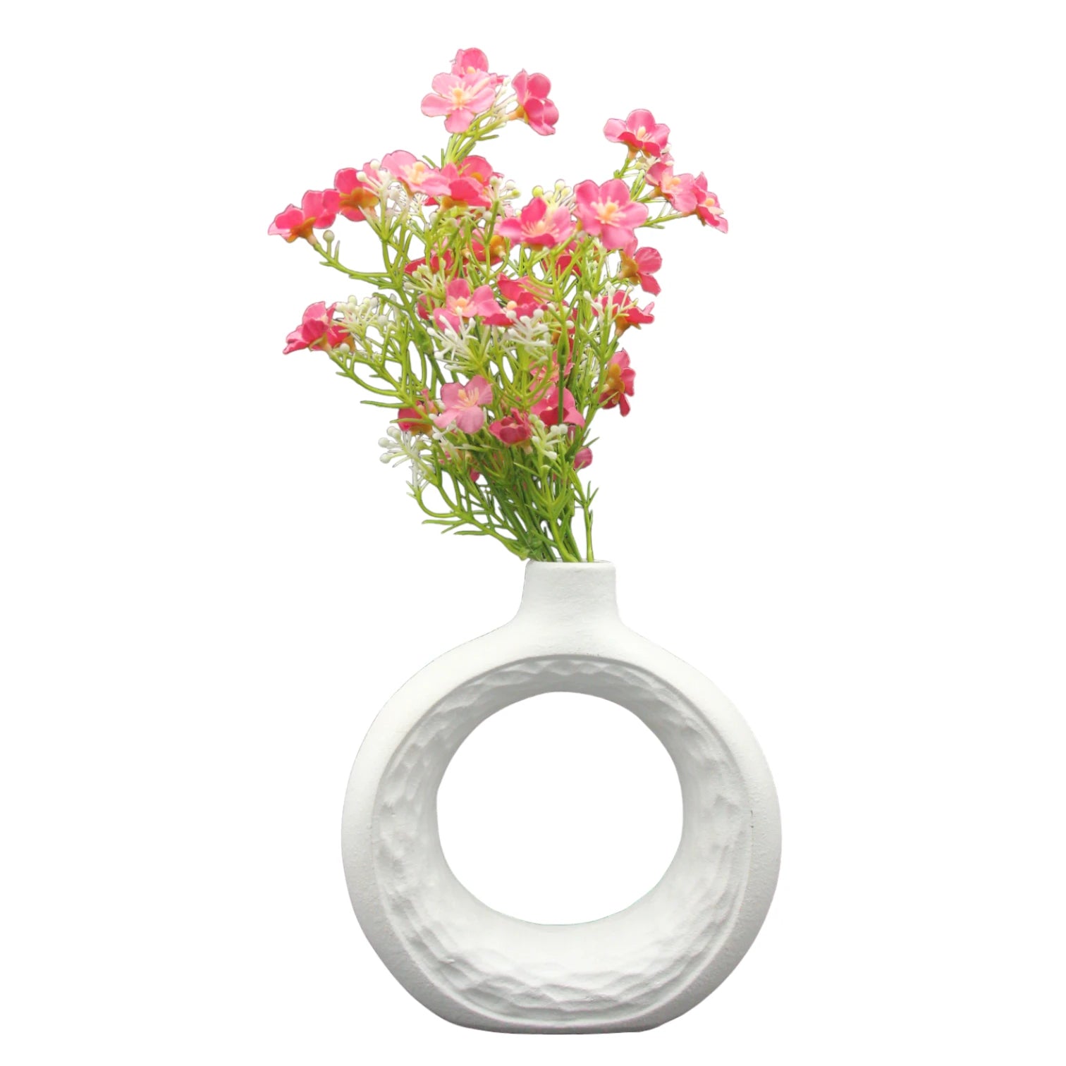 Damoo Modern White Ceramic Ring Vase – Sculptural Hollow Circle Design | Textured Decorative Flower Vase for Home, Office & Event Styling - Damoo