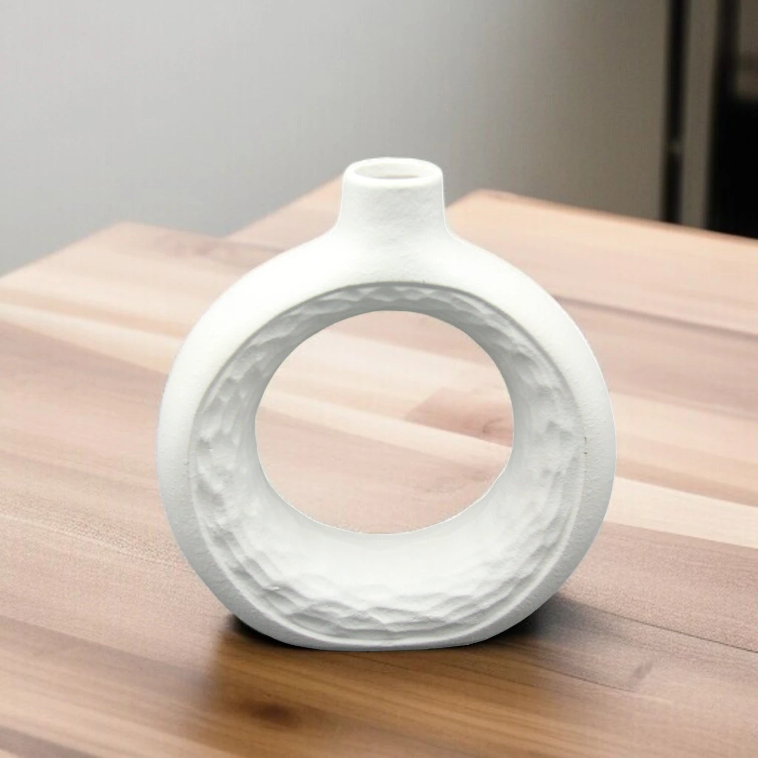 Damoo Modern White Ceramic Ring Vase – Sculptural Hollow Circle Design | Textured Decorative Flower Vase for Home, Office & Event Styling - Damoo