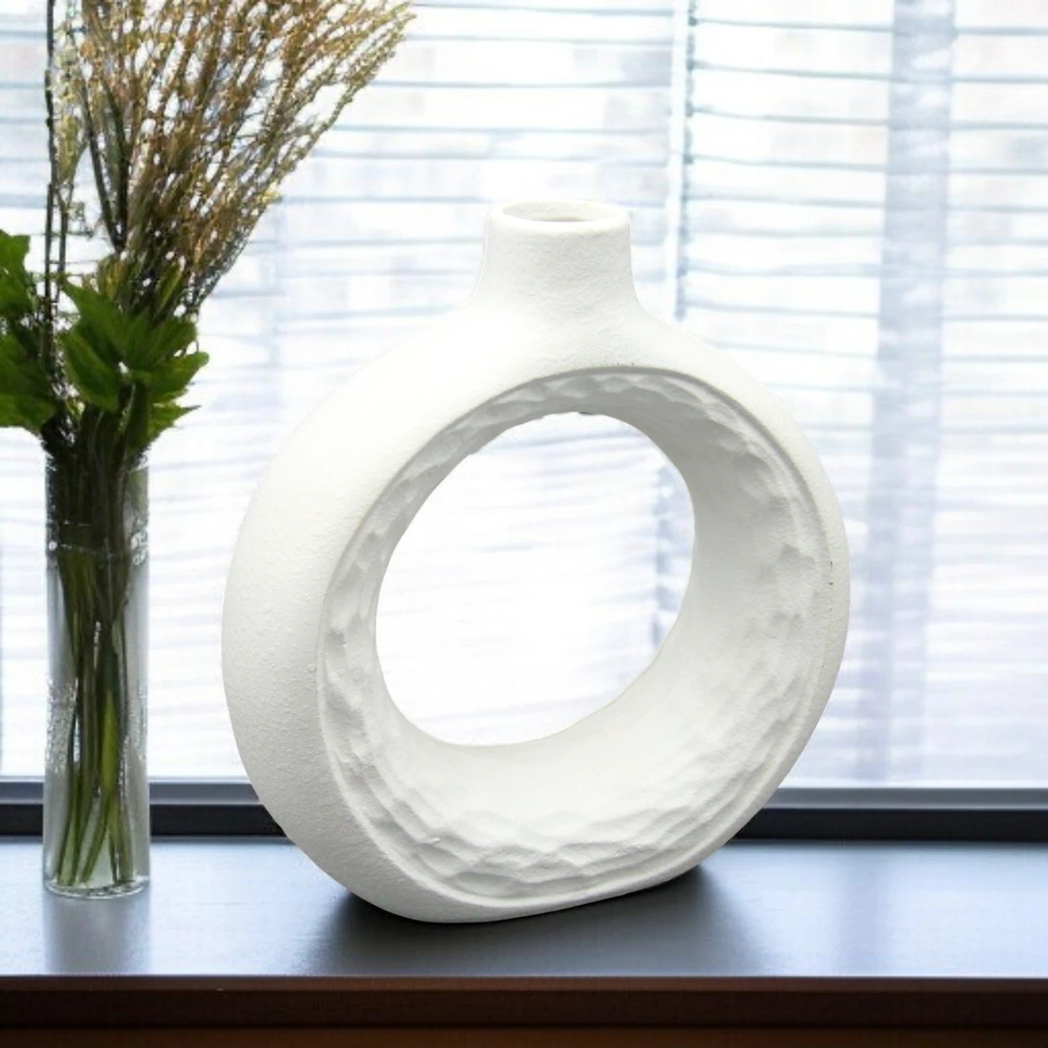 Damoo Modern White Ceramic Ring Vase – Sculptural Hollow Circle Design | Textured Decorative Flower Vase for Home, Office & Event Styling - Damoo