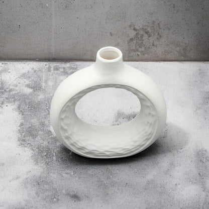 Damoo Modern White Ceramic Ring Vase – Sculptural Hollow Circle Design | Textured Decorative Flower Vase for Home, Office & Event Styling - Damoo