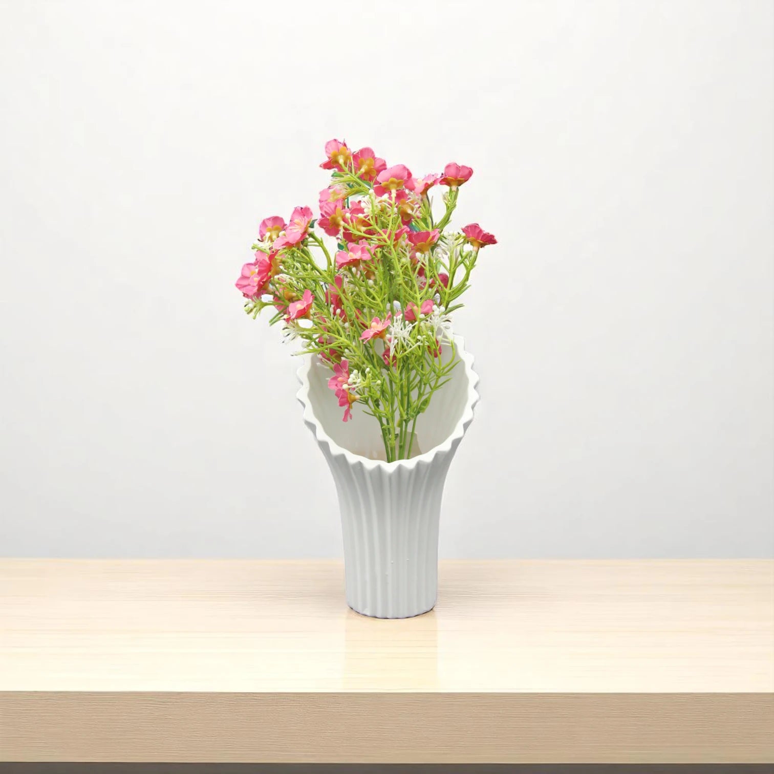 Damoo Modern White Ceramic Vase with Fluted Wavy Design – Minimalist Decorative Flower Vase for Living Room, Office, Dining Table & Home Décor – Elegant Matte Finish – Ideal for Faux or Fresh Flowers - Damoo