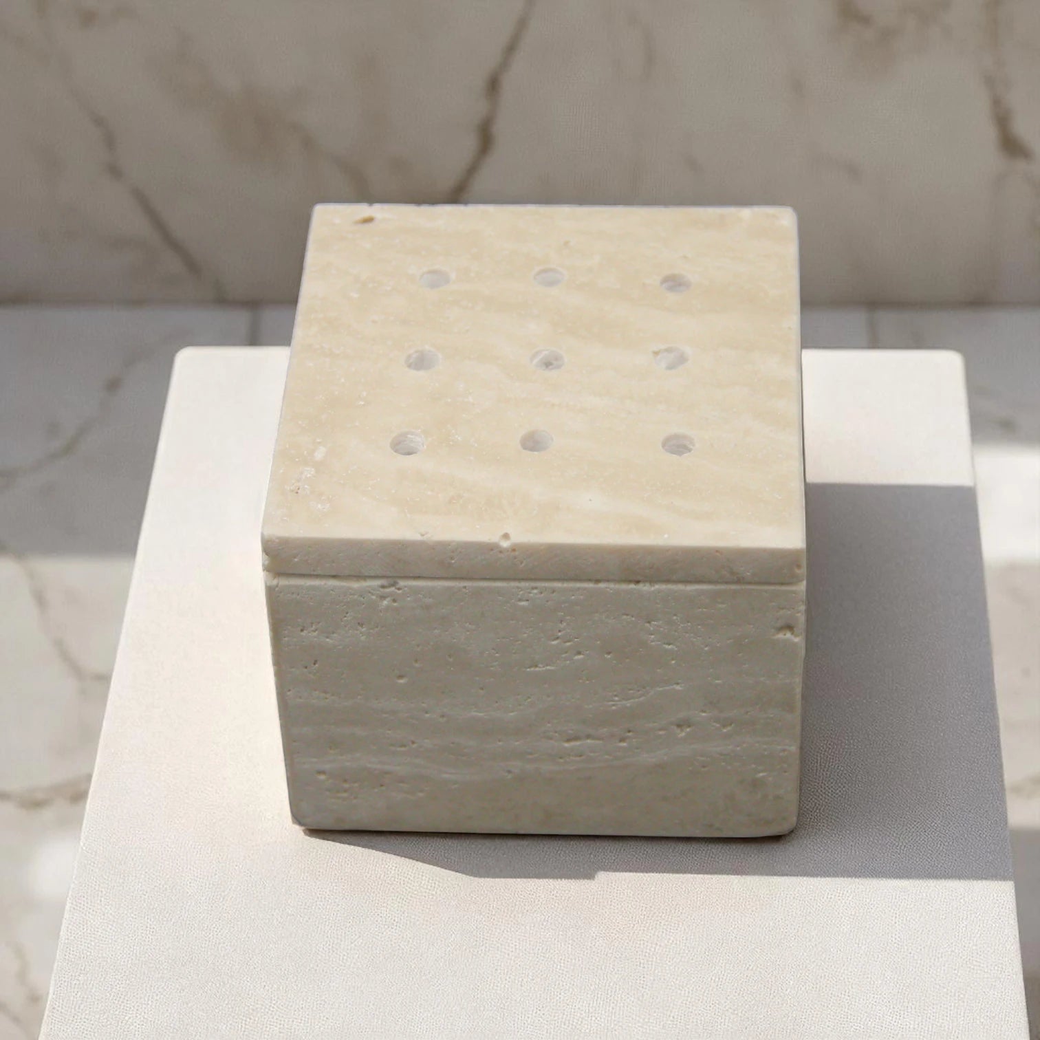 Damoo Natural Travertine Incense Burner Box – Handcrafted Stone Aromatherapy Holder with Lid & Vent Holes - Damoo