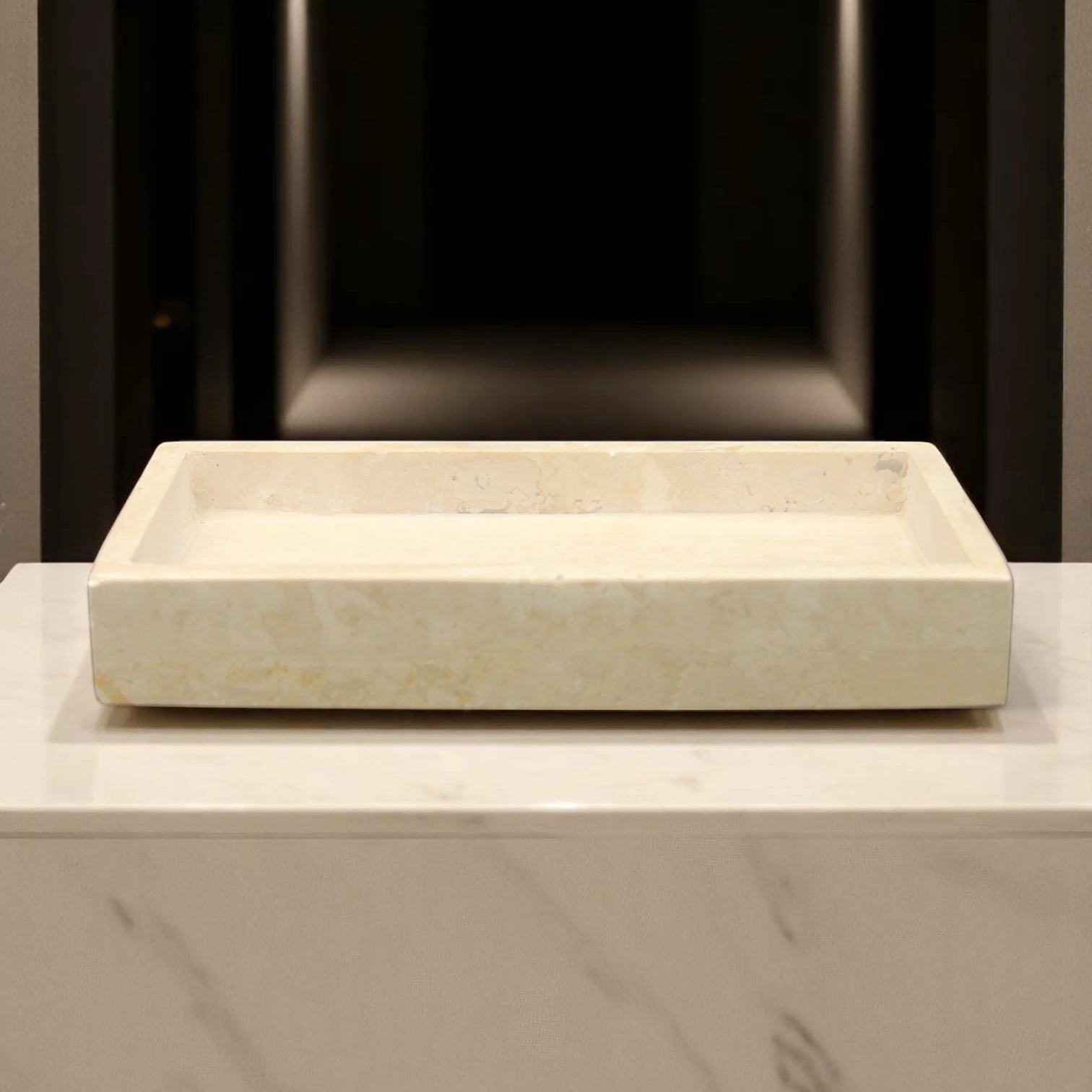 Damoo Natural Travertine Rectangular Tray – Minimalist Stone Vanity Organizer for Jewelry, Candles & Bathroom Decor - Damoo