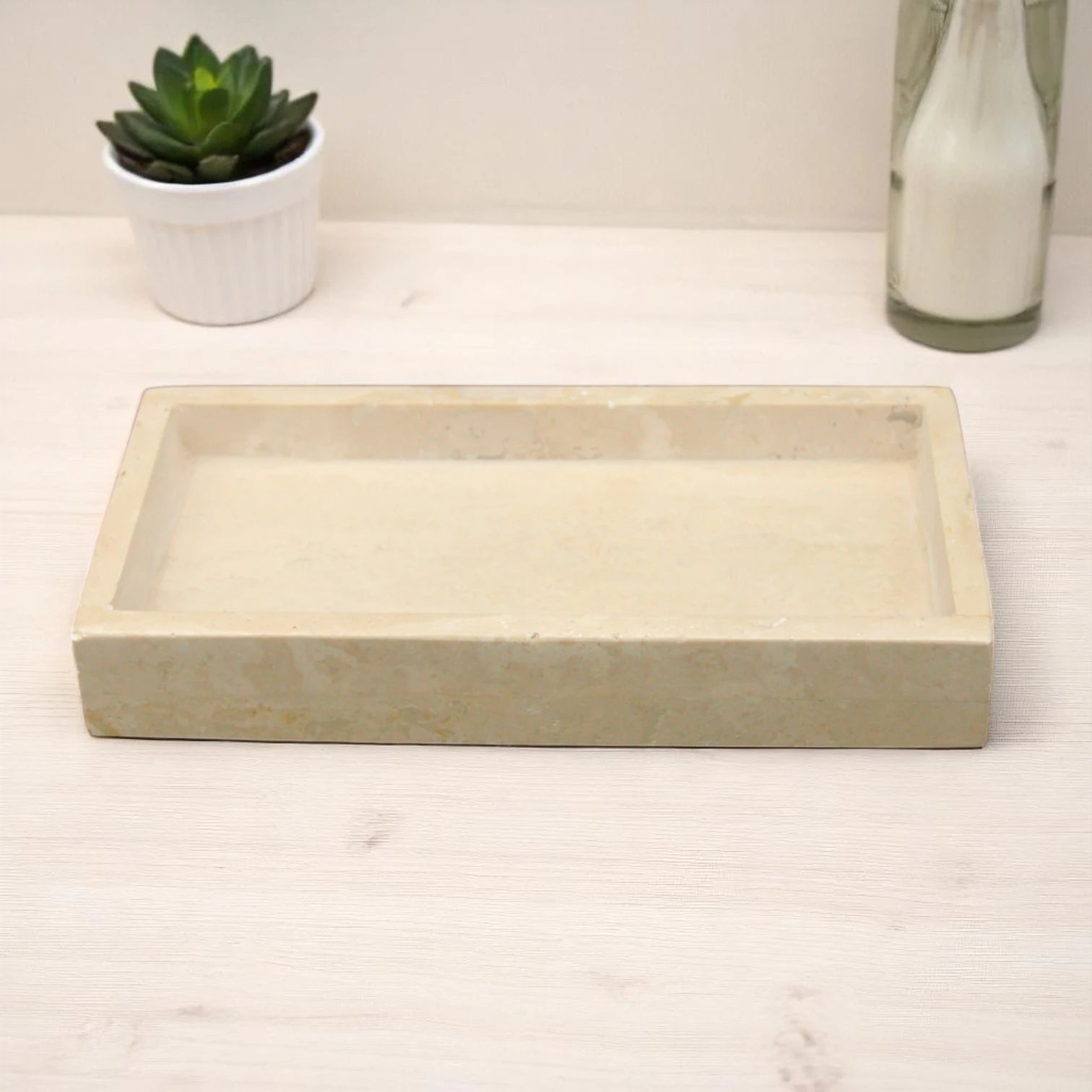 Damoo Natural Travertine Rectangular Tray – Minimalist Stone Vanity Organizer for Jewelry, Candles & Bathroom Decor - Damoo