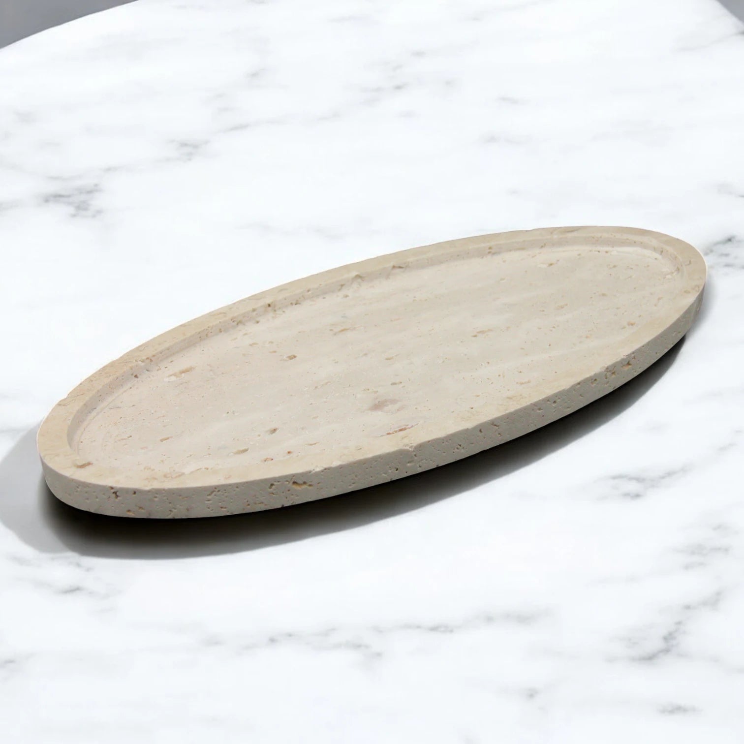 Damoo Oval Decorative Tray Made of Natural Travertine Stone – Minimalist Accent Piece for Home, Vanity, or Ramadan - Damoo