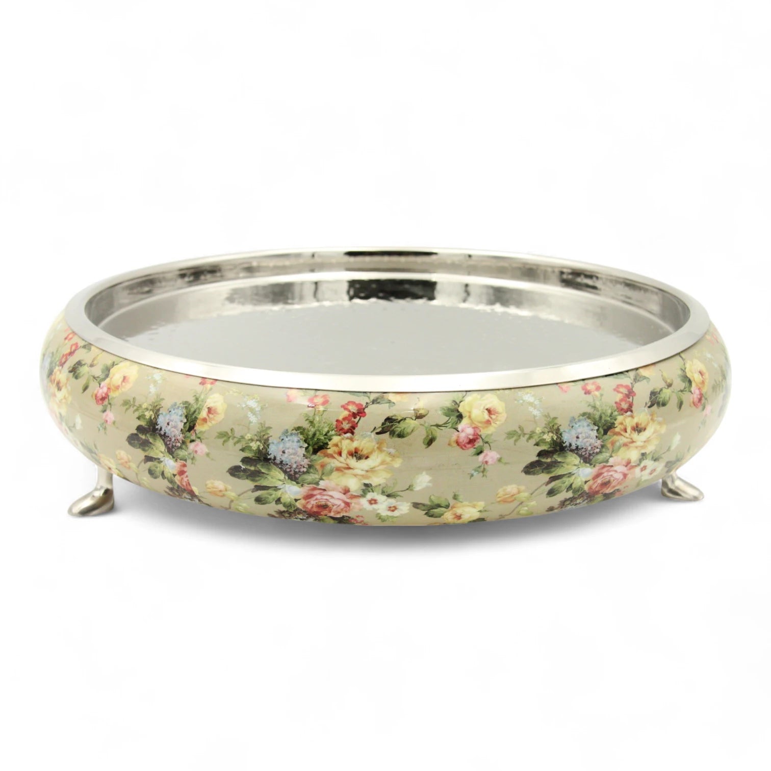 Damoo Oval Decorative Tray with Vintage Floral Print – Shabby Chic Display Stand with Hammered Metal Top and Gold Feet – Elegant Home Accent for Living Rooms, Vanity, Parties & Event Décor - Damoo