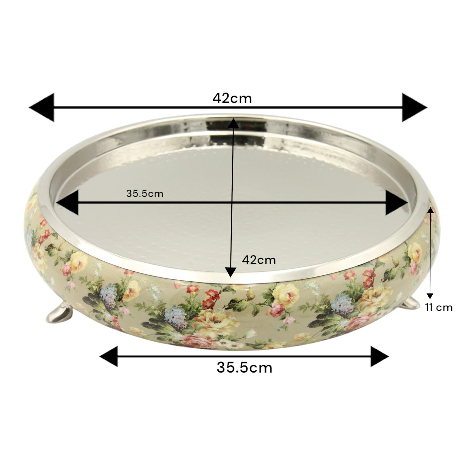 Damoo Oval Decorative Tray with Vintage Floral Print – Shabby Chic Display Stand with Hammered Metal Top and Gold Feet – Elegant Home Accent for Living Rooms, Vanity, Parties & Event Décor - Damoo