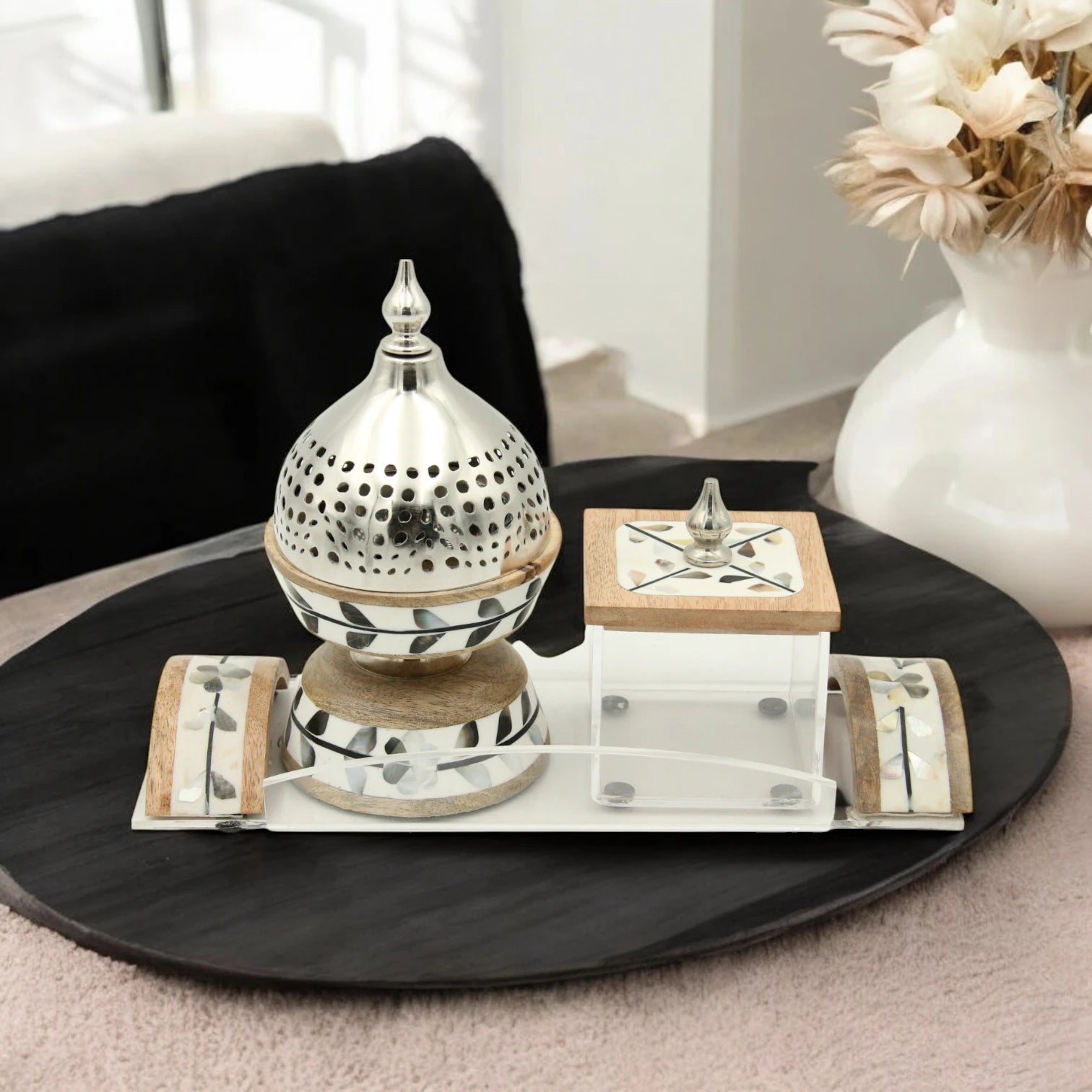 Damoo Premium Bakhour Burner Gift Set – Oud Burner & Storage Box on Decorative Wooden Acrylic Tray – Handmade Arabic Incense Set with Inlay Detailing - Damoo