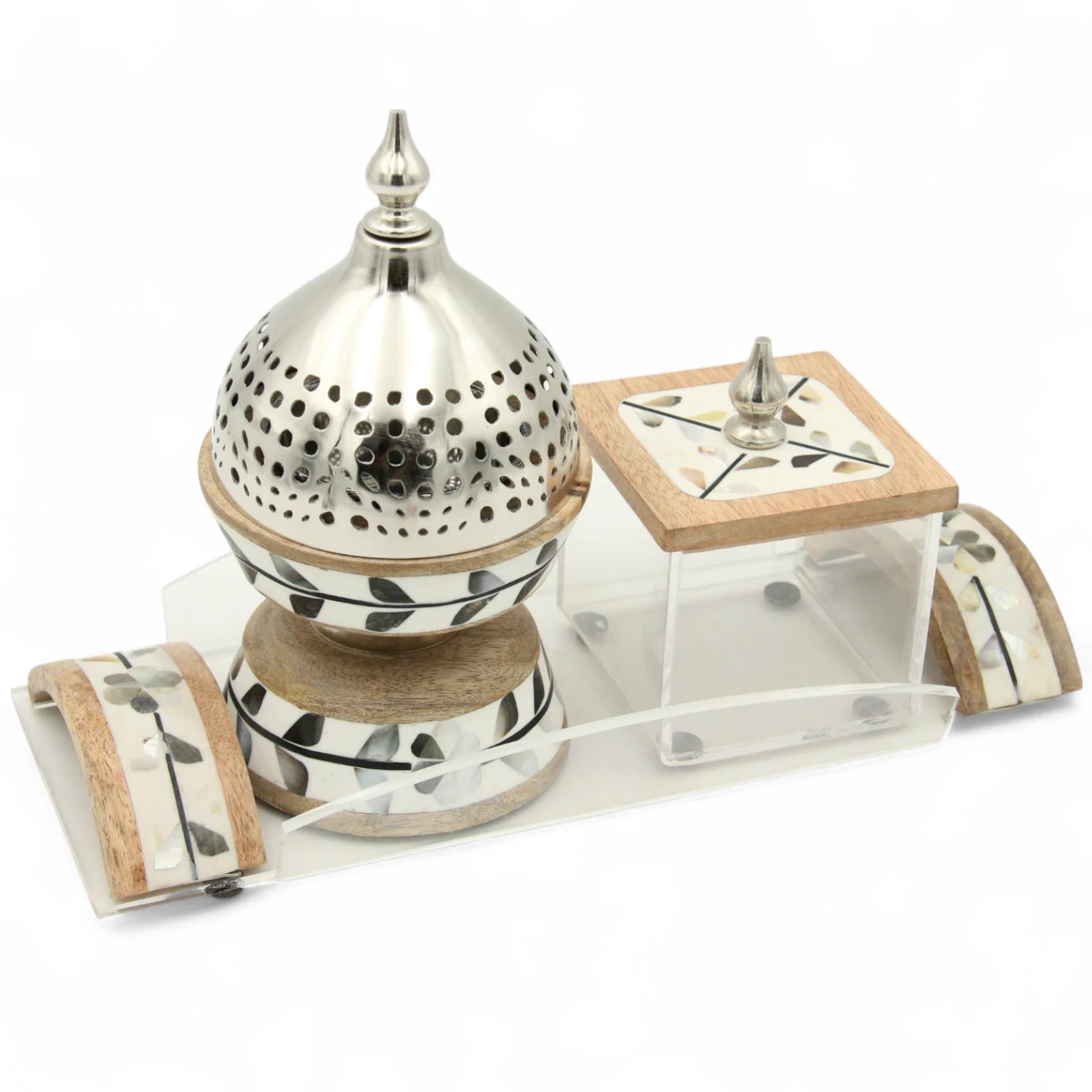 Damoo Premium Bakhour Burner Gift Set – Oud Burner & Storage Box on Decorative Wooden Acrylic Tray – Handmade Arabic Incense Set with Inlay Detailing - Damoo