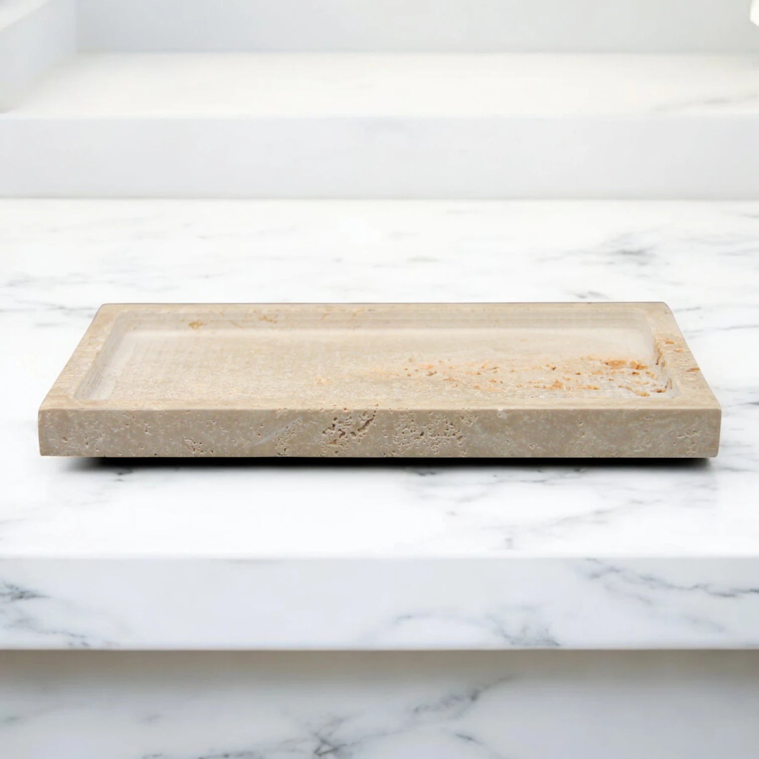Damoo Rectangular Travertine Stone Tray – Hand-Carved Natural Catchall Dish for Vanity, Entryway, or Bathroom | Minimalist Home Decor - Damoo