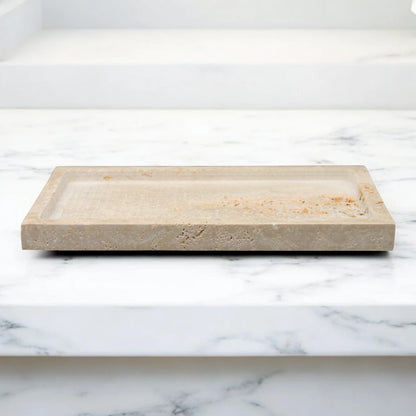 Damoo Rectangular Travertine Stone Tray – Hand-Carved Natural Catchall Dish for Vanity, Entryway, or Bathroom | Minimalist Home Decor - Damoo