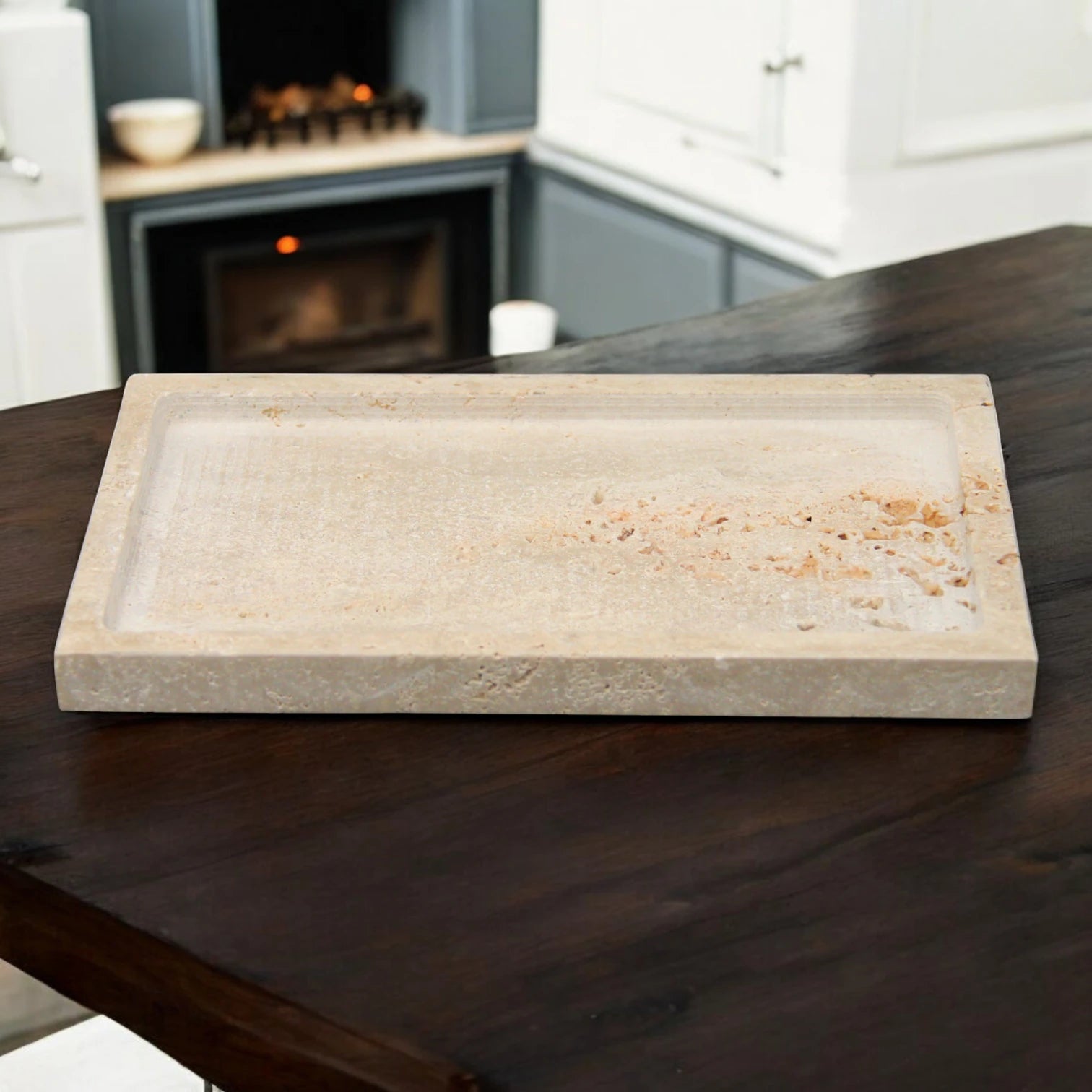 Damoo Rectangular Travertine Stone Tray – Hand-Carved Natural Catchall Dish for Vanity, Entryway, or Bathroom | Minimalist Home Decor - Damoo