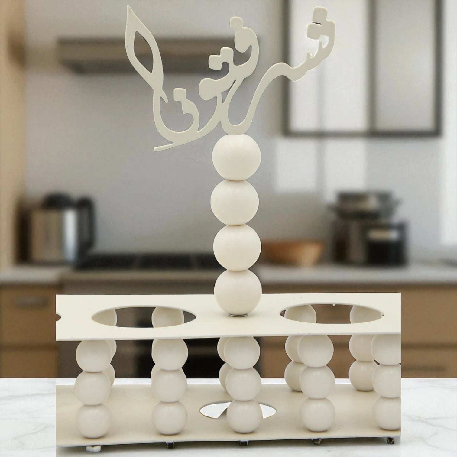 Damoo Rectangular Wooden Cup Holder Tray with Arabic Calligraphy – 6-Slot White Serving Stand for Coffee, Juice & Dessert Presentation - Damoo