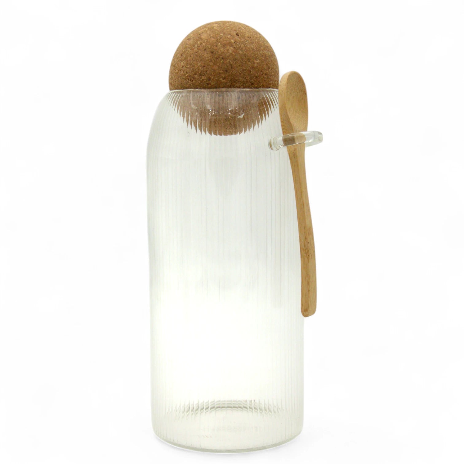 Damoo Ribbed Glass Storage Jar with Cork Lid & Wooden Spoon – Minimalist Kitchen Canister for Spices, Tea, or Sugar - Damoo