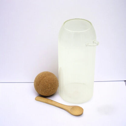 Damoo Ribbed Glass Storage Jar with Cork Lid & Wooden Spoon – Minimalist Kitchen Canister for Spices, Tea, or Sugar - Damoo