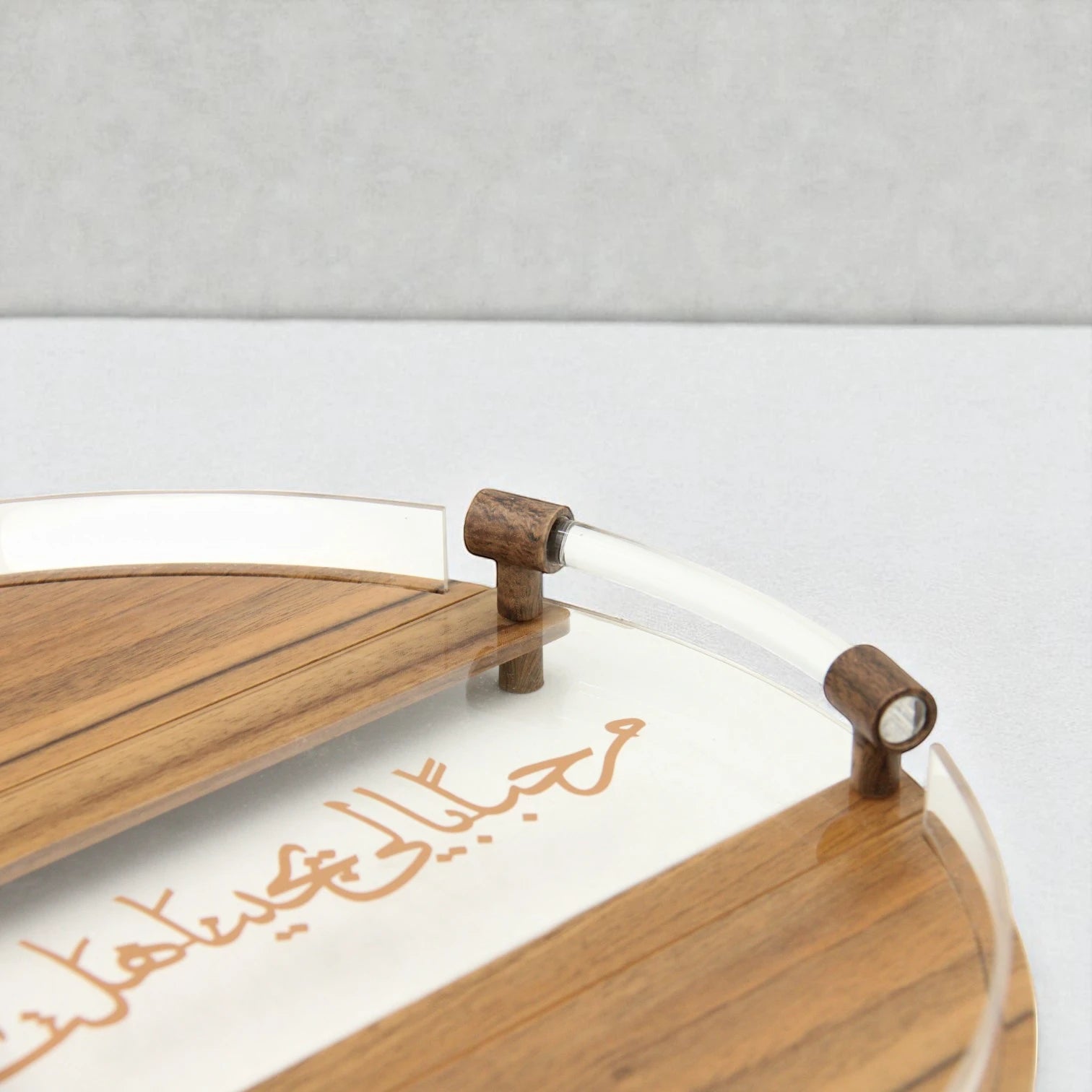 Damoo Round Acrylic & Wooden Serving Tray with Arabic Calligraphy – Elegant Decorative Hospitality Tray with Clear Handle – Ramadan, Eid & Home Décor Gift Idea - Damoo