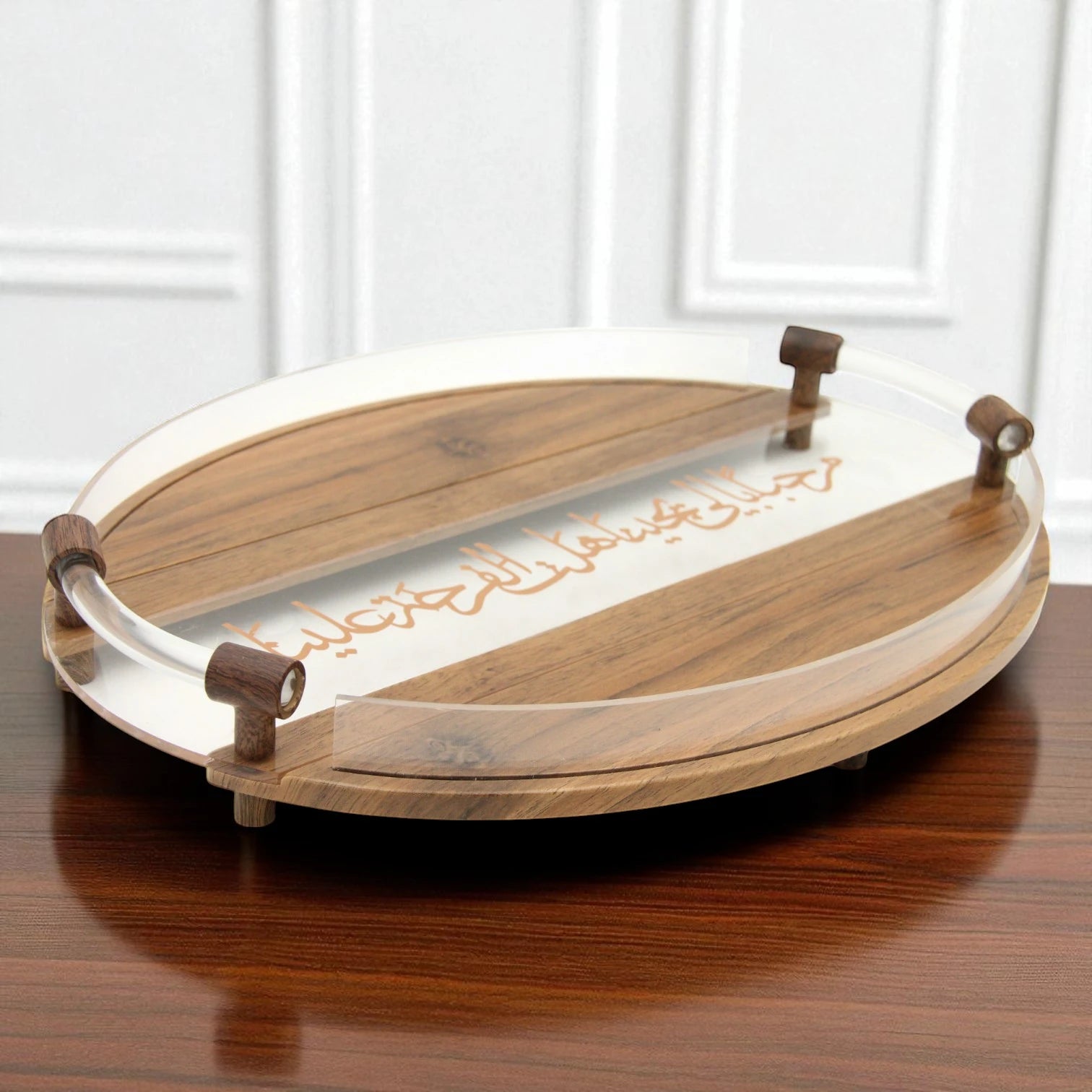 Damoo Round Acrylic & Wooden Serving Tray with Arabic Calligraphy – Elegant Decorative Hospitality Tray with Clear Handle – Ramadan, Eid & Home Décor Gift Idea - Damoo