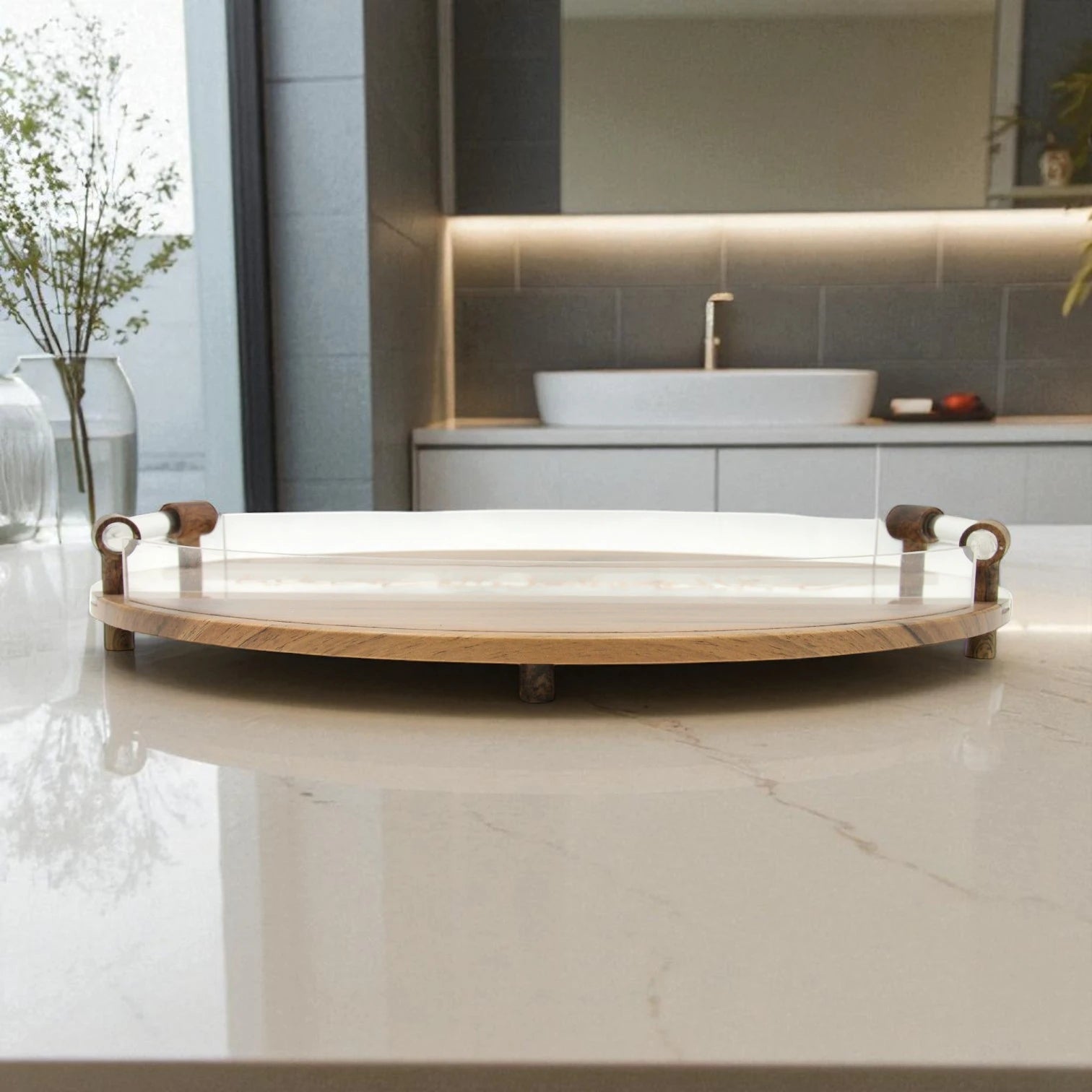 Damoo Round Acrylic & Wooden Serving Tray with Arabic Calligraphy – Elegant Decorative Hospitality Tray with Clear Handle – Ramadan, Eid & Home Décor Gift Idea - Damoo