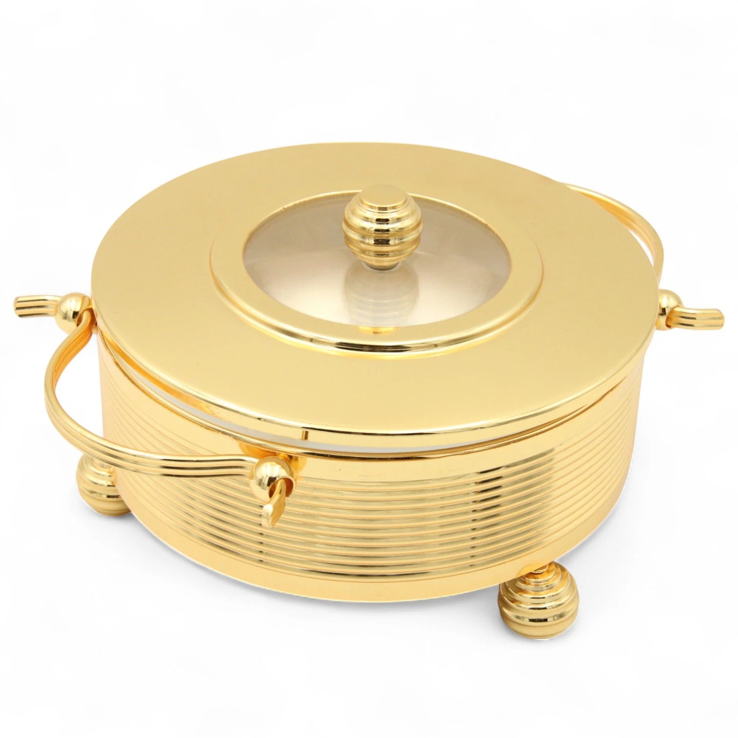 Damoo Round Ceramic Serving Dish with Gold Metal Stand & Lid – Elegant Oven-to-Table Cookware for Buffet, Parties, and Ramadan Gatherings - Damoo