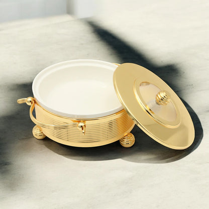 Damoo Round Ceramic Serving Dish with Gold Metal Stand & Lid – Elegant Oven-to-Table Cookware for Buffet, Parties, and Ramadan Gatherings - Damoo