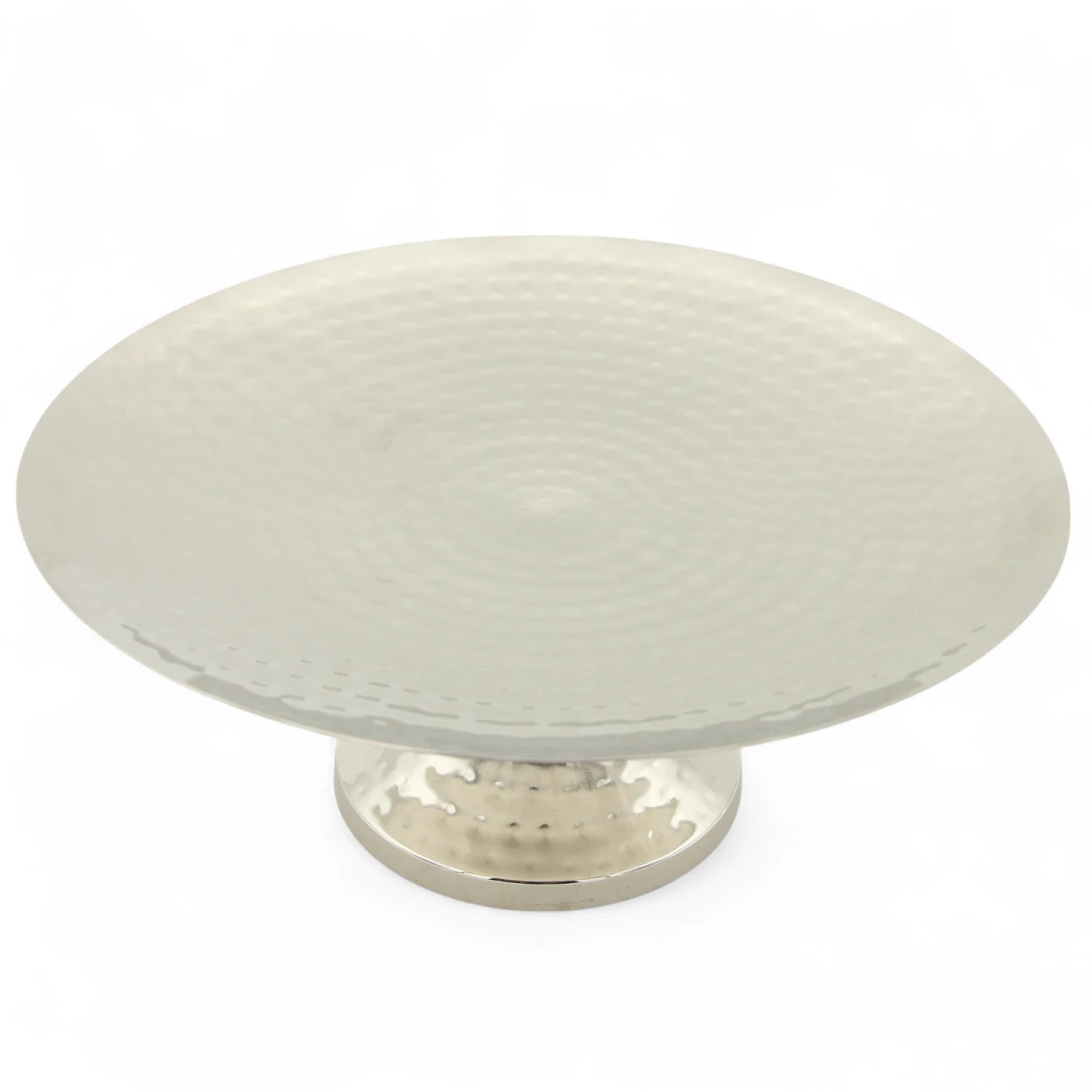 Damoo Round Hammered Metal Cake Stand – Silver-Plated Pedestal Serving Plate for Cakes, Fruits & Sweets – Elegant Display Tray for Home, Events & Ramadan Décor - Damoo