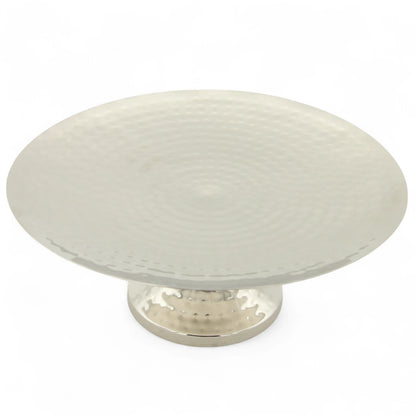 Damoo Round Hammered Metal Cake Stand – Silver-Plated Pedestal Serving Plate for Cakes, Fruits & Sweets – Elegant Display Tray for Home, Events & Ramadan Décor - Damoo