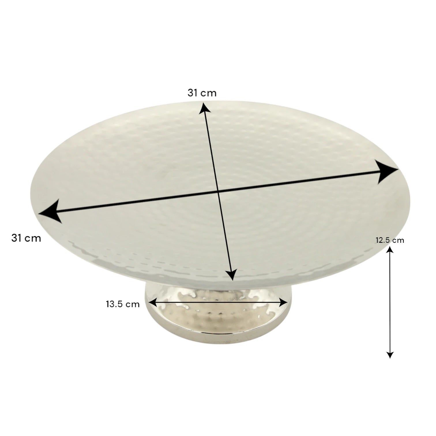 Damoo Round Hammered Metal Cake Stand – Silver-Plated Pedestal Serving Plate for Cakes, Fruits & Sweets – Elegant Display Tray for Home, Events & Ramadan Décor - Damoo