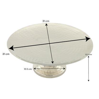 Damoo Round Hammered Metal Cake Stand – Silver-Plated Pedestal Serving Plate for Cakes, Fruits & Sweets – Elegant Display Tray for Home, Events & Ramadan Décor - Damoo