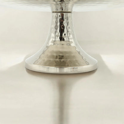 Damoo Round Hammered Metal Cake Stand – Silver-Plated Pedestal Serving Plate for Cakes, Fruits & Sweets – Elegant Display Tray for Home, Events & Ramadan Décor - Damoo