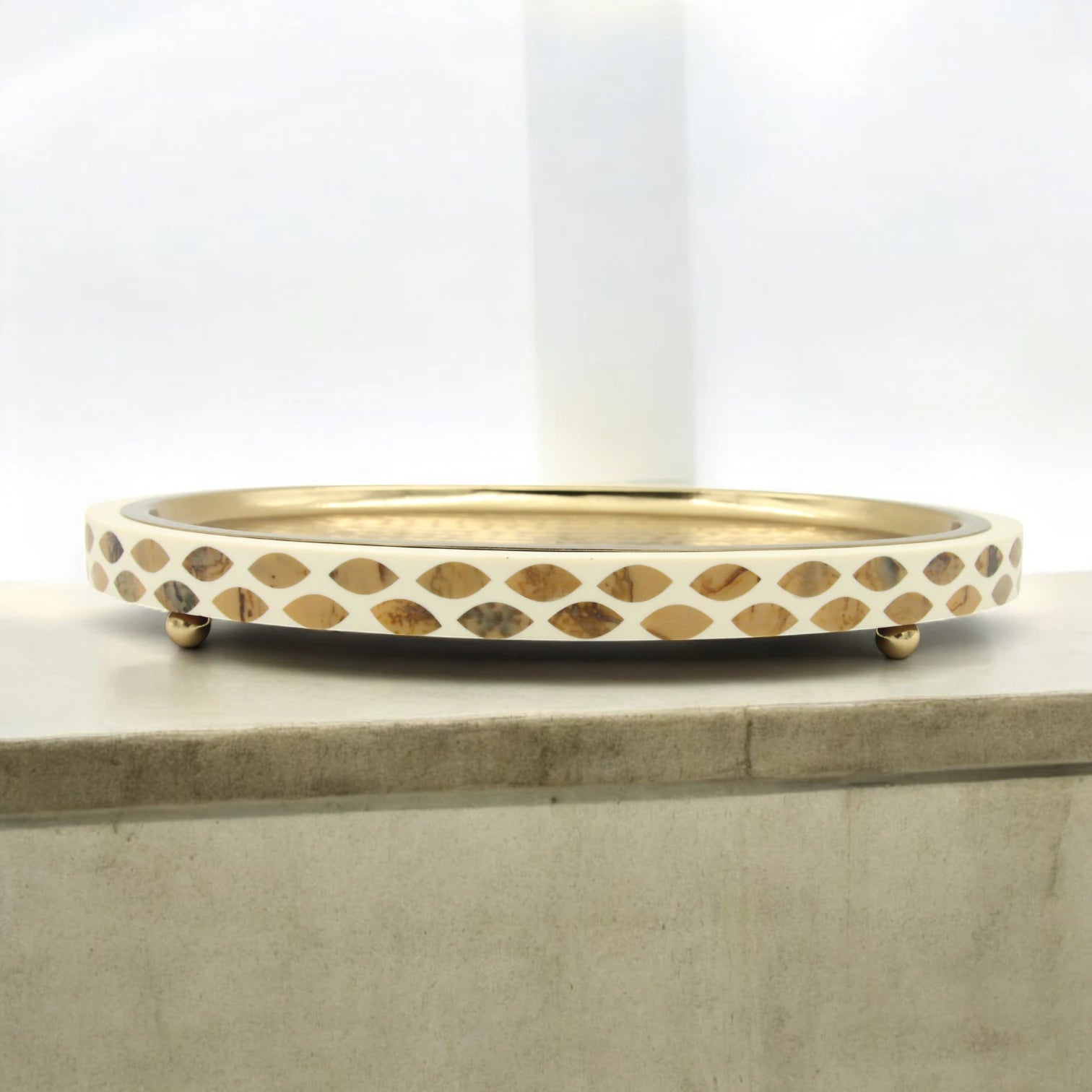 Damoo Round Oval Tray with Gold-Plated Top & Mosaic Shell Inlay – Decorative Serving & Vanity Tray with Raised Feet - Damoo