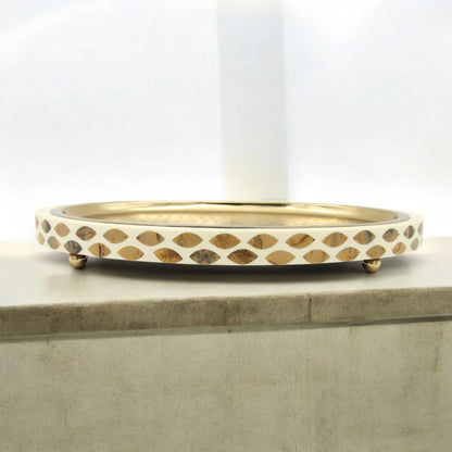 Damoo Round Oval Tray with Gold-Plated Top & Mosaic Shell Inlay – Decorative Serving & Vanity Tray with Raised Feet - Damoo