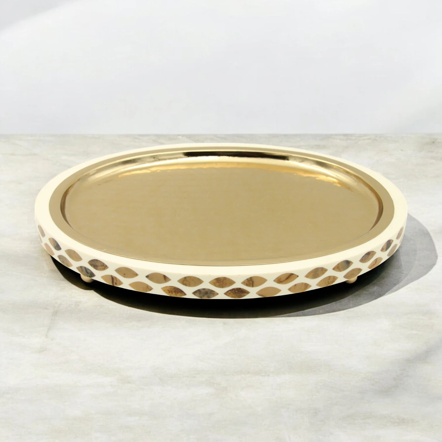 Damoo Round Oval Tray with Gold-Plated Top & Mosaic Shell Inlay – Decorative Serving & Vanity Tray with Raised Feet - Damoo