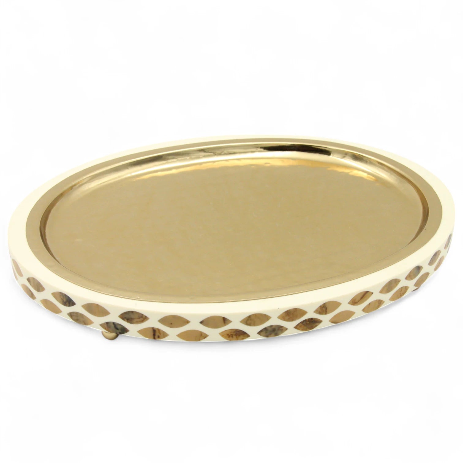 Damoo Round Oval Tray with Gold-Plated Top & Mosaic Shell Inlay – Decorative Serving & Vanity Tray with Raised Feet - Damoo