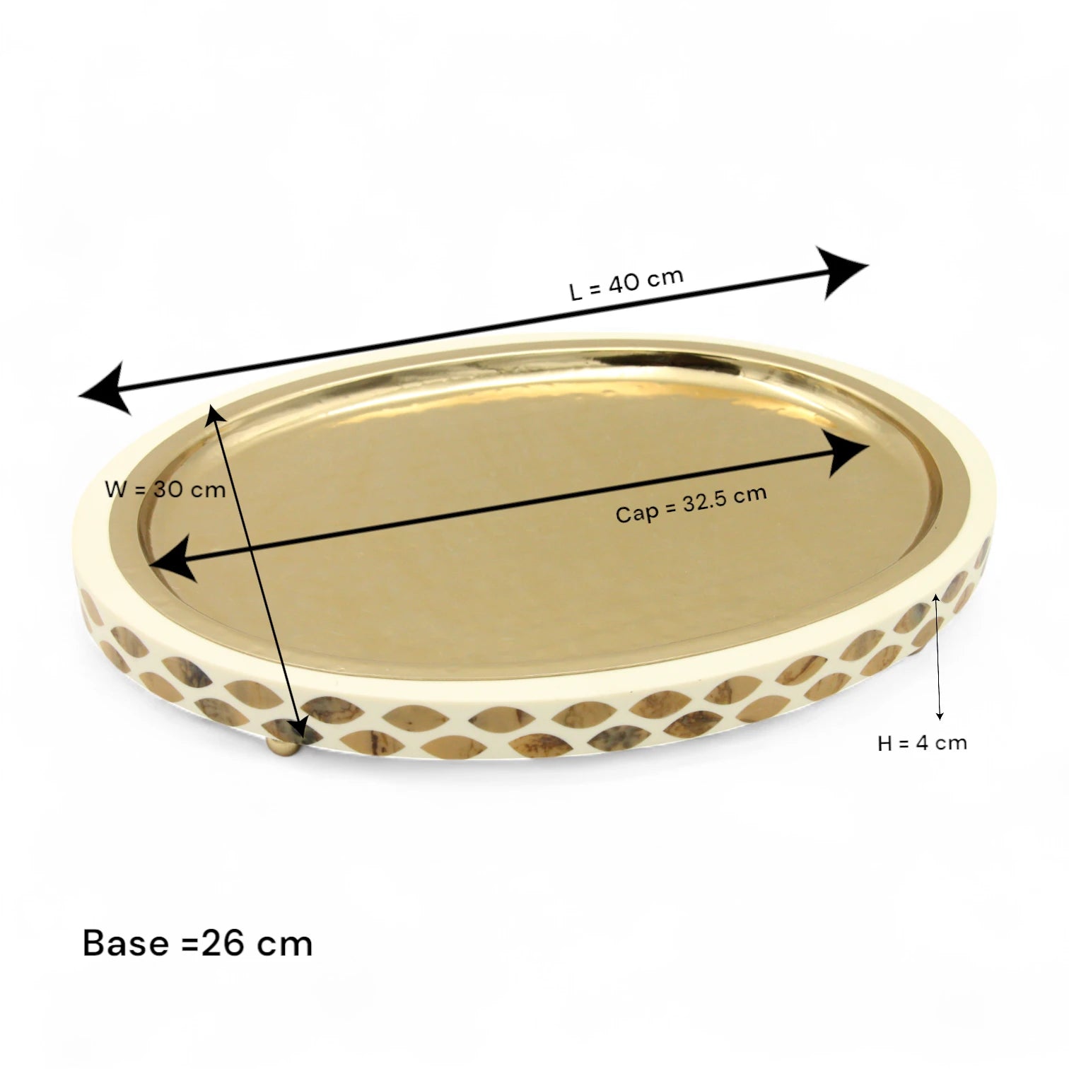 Damoo Round Oval Tray with Gold-Plated Top & Mosaic Shell Inlay – Decorative Serving & Vanity Tray with Raised Feet - Damoo