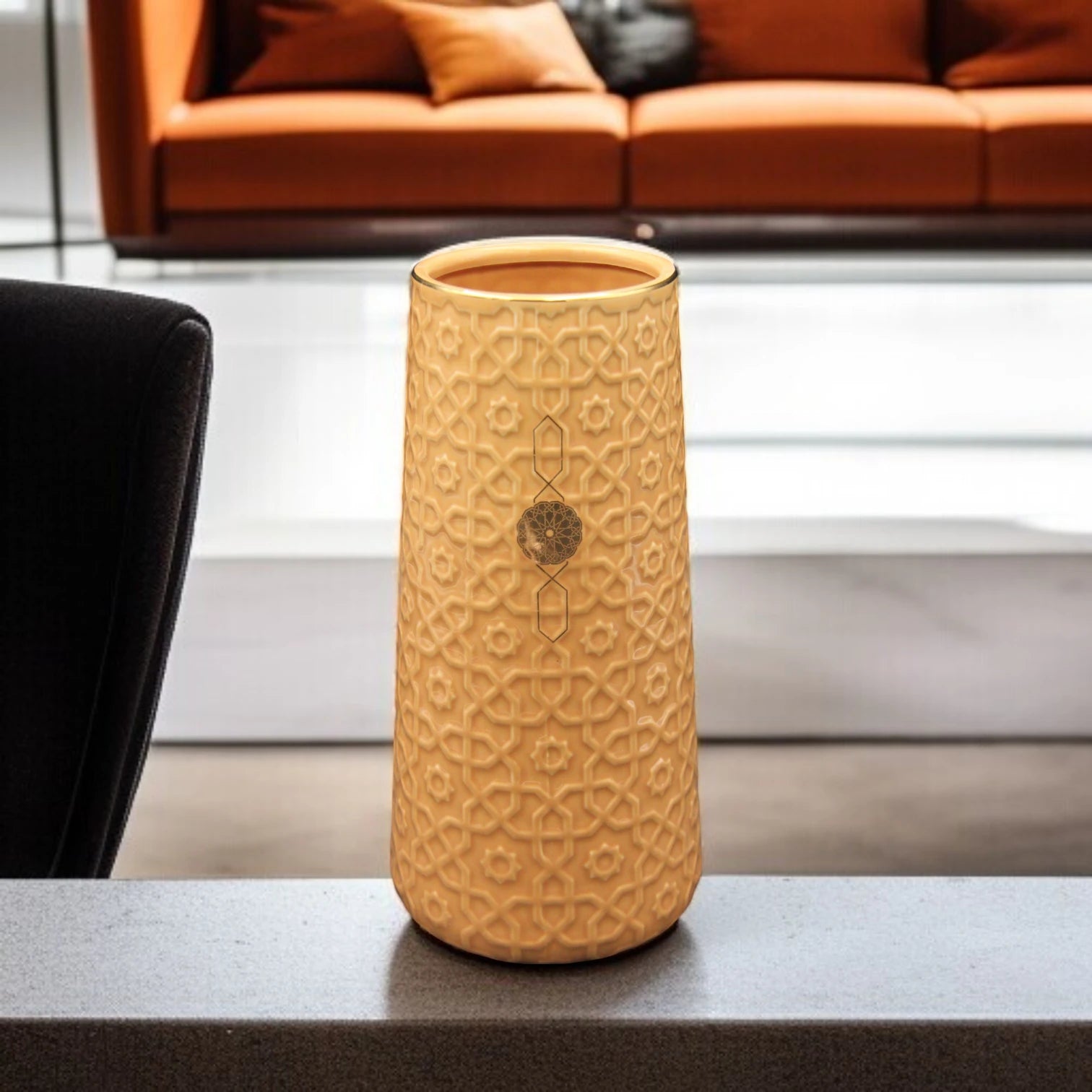 Damoo Rustic Brown Ceramic Flower Vase with Islamic Geometric Pattern – Elegant Home & Office Decor - Damoo