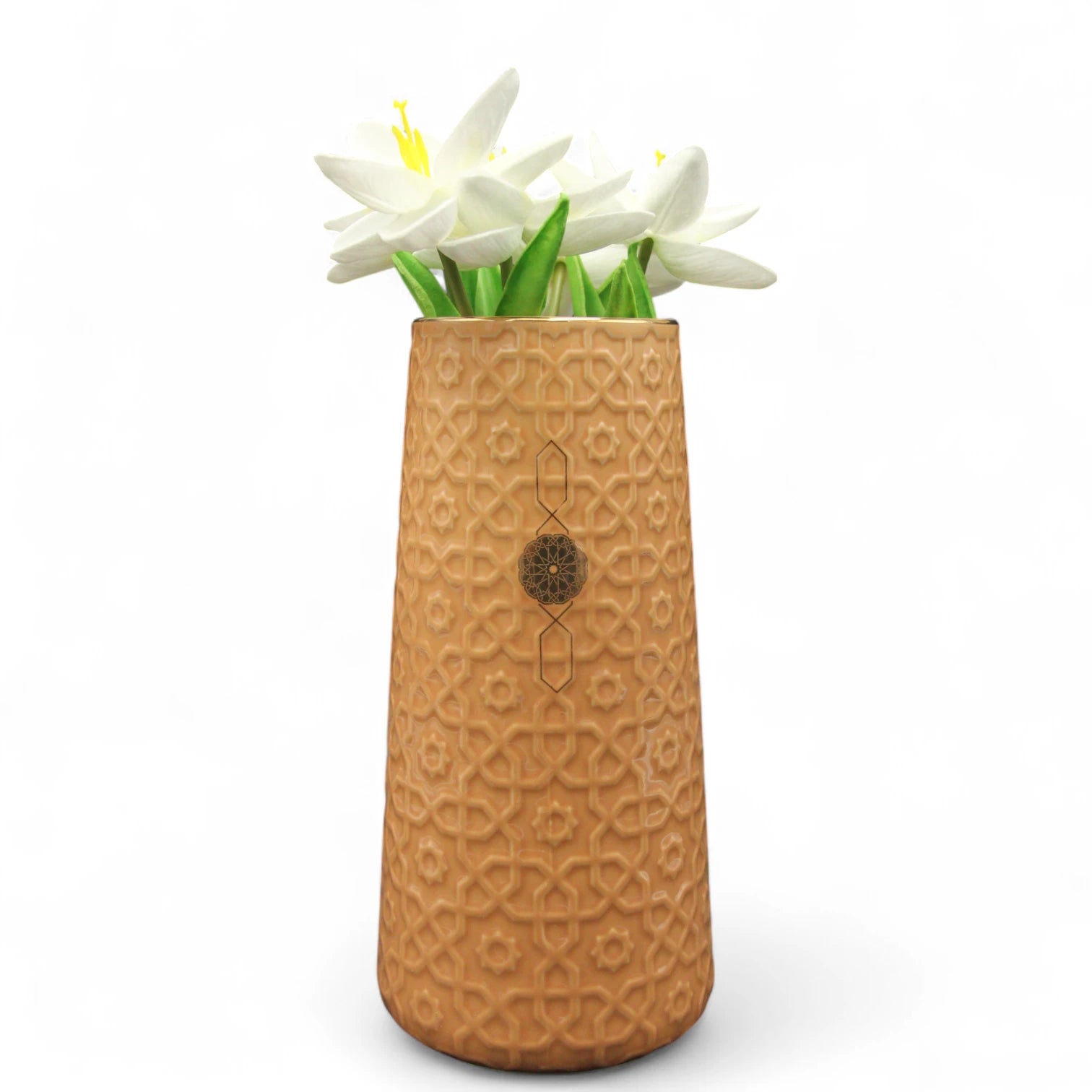 Damoo Rustic Brown Ceramic Flower Vase with Islamic Geometric Pattern – Elegant Home & Office Decor - Damoo