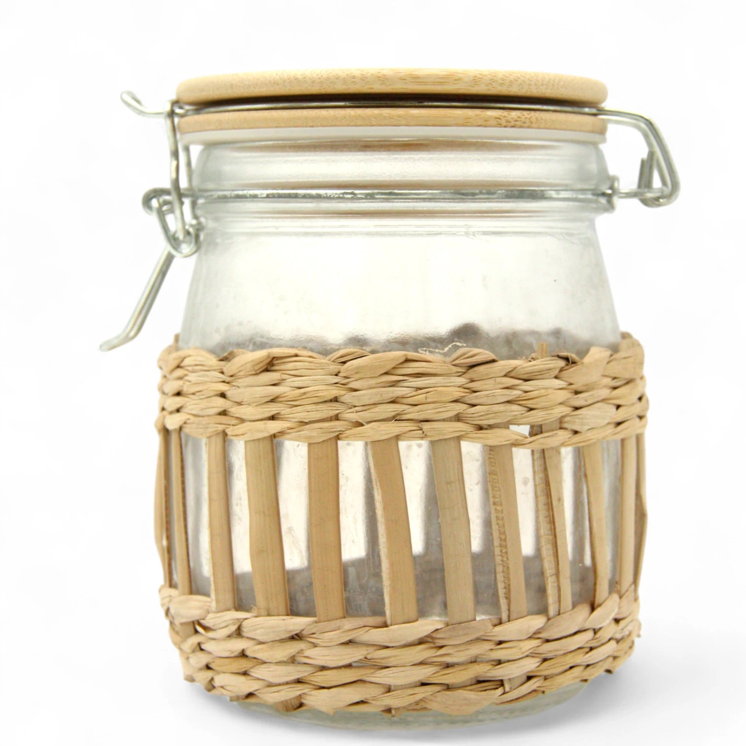 Damoo Rustic Glass Storage Jar with Straw Wrap – 750ml Airtight Canister with Bamboo Lid & Clip Lock – Eco-Friendly Kitchen Container for Coffee, Snacks, Spices & More - Damoo