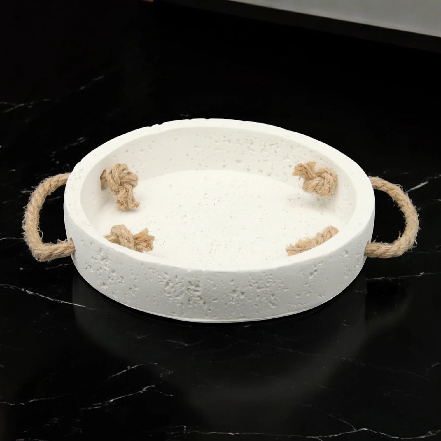 Damoo Rustic Round White Concrete Decorative Tray with Natural Rope Handles – Handmade Cement Organizer for Home, Bathroom, Entryway, or Office Decor - Damoo