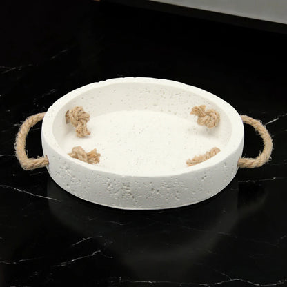 Damoo Rustic Round White Concrete Decorative Tray with Natural Rope Handles – Handmade Cement Organizer for Home, Bathroom, Entryway, or Office Decor - Damoo