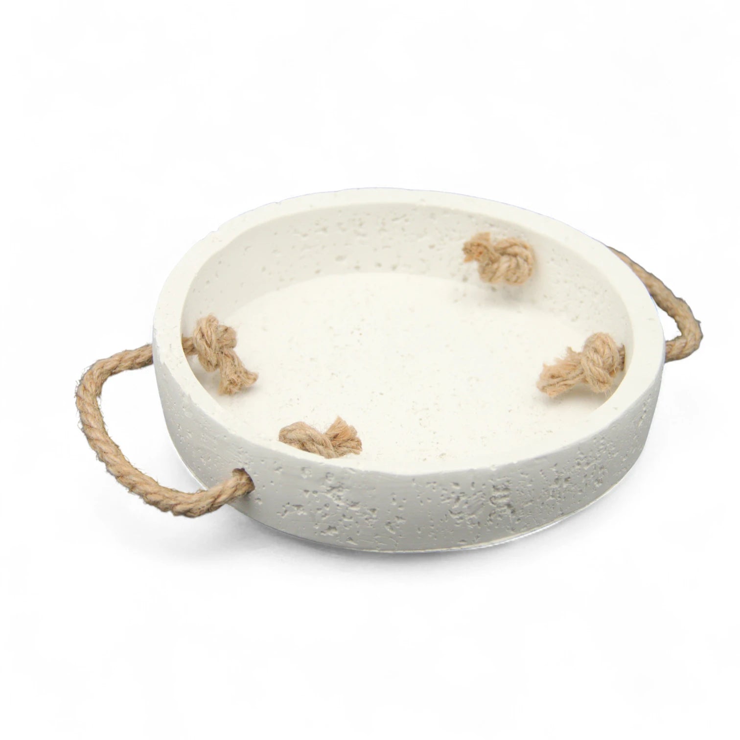 Damoo Rustic Round White Concrete Decorative Tray with Natural Rope Handles – Handmade Cement Organizer for Home, Bathroom, Entryway, or Office Decor - Damoo