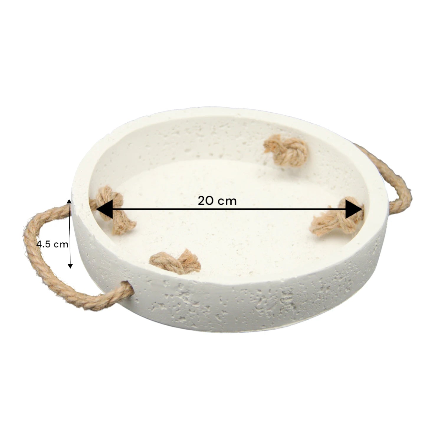 Damoo Rustic Round White Concrete Decorative Tray with Natural Rope Handles – Handmade Cement Organizer for Home, Bathroom, Entryway, or Office Decor - Damoo