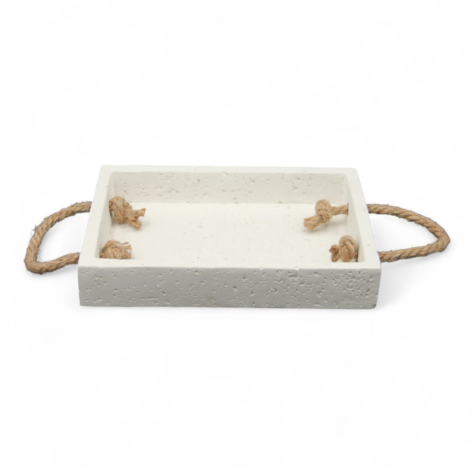 Damoo Rustic White Concrete Stone Tray with Natural Rope Handles – Handmade Real Stone Organizer for Bathroom, Home Decor, or Entryway Display - Damoo