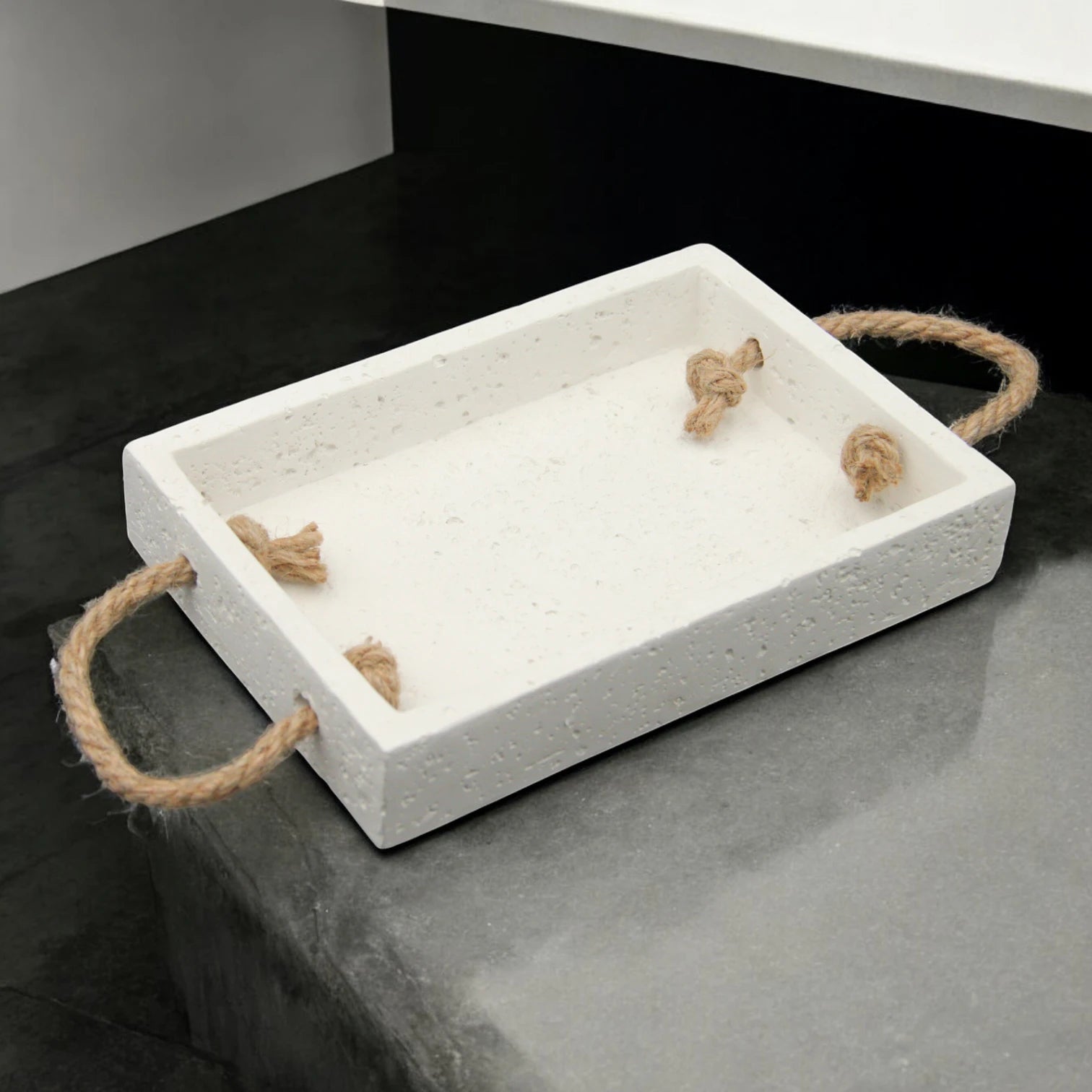 Damoo Rustic White Concrete Stone Tray with Natural Rope Handles – Handmade Real Stone Organizer for Bathroom, Home Decor, or Entryway Display - Damoo